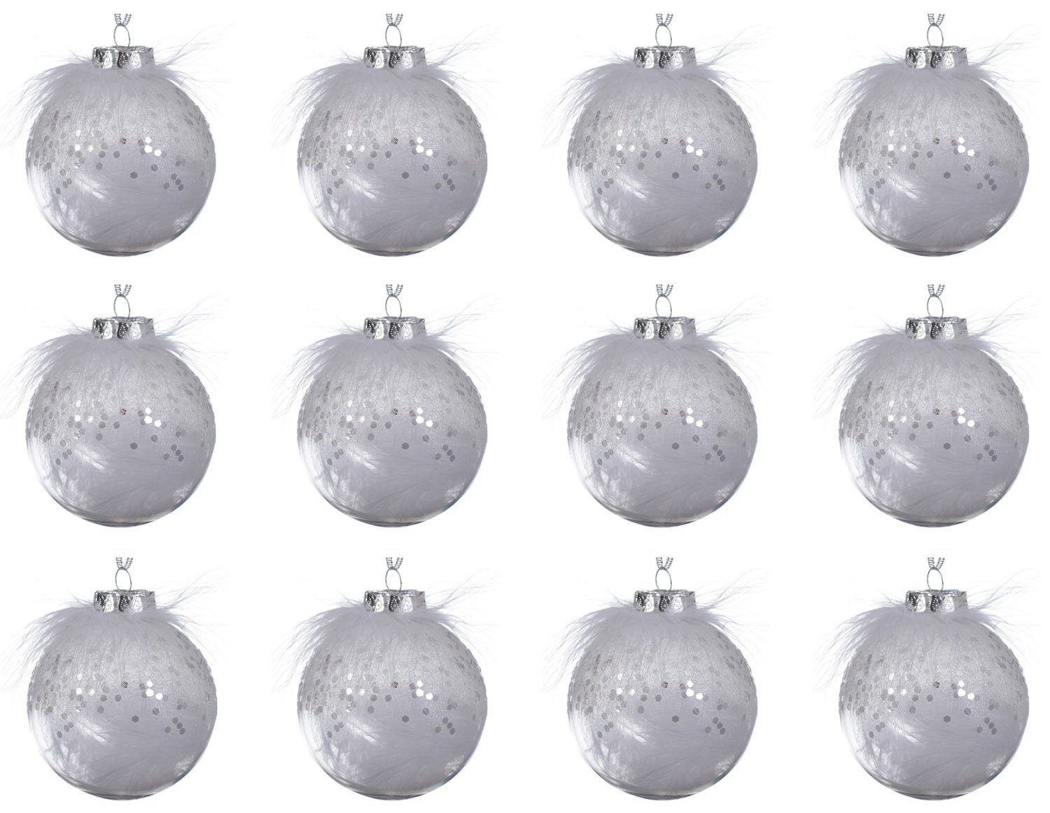 Decoris season decorations Christbaumschmuck, Weihnachtskugeln Kunststoff mit Federn 8cm klar transparent, 12er Set