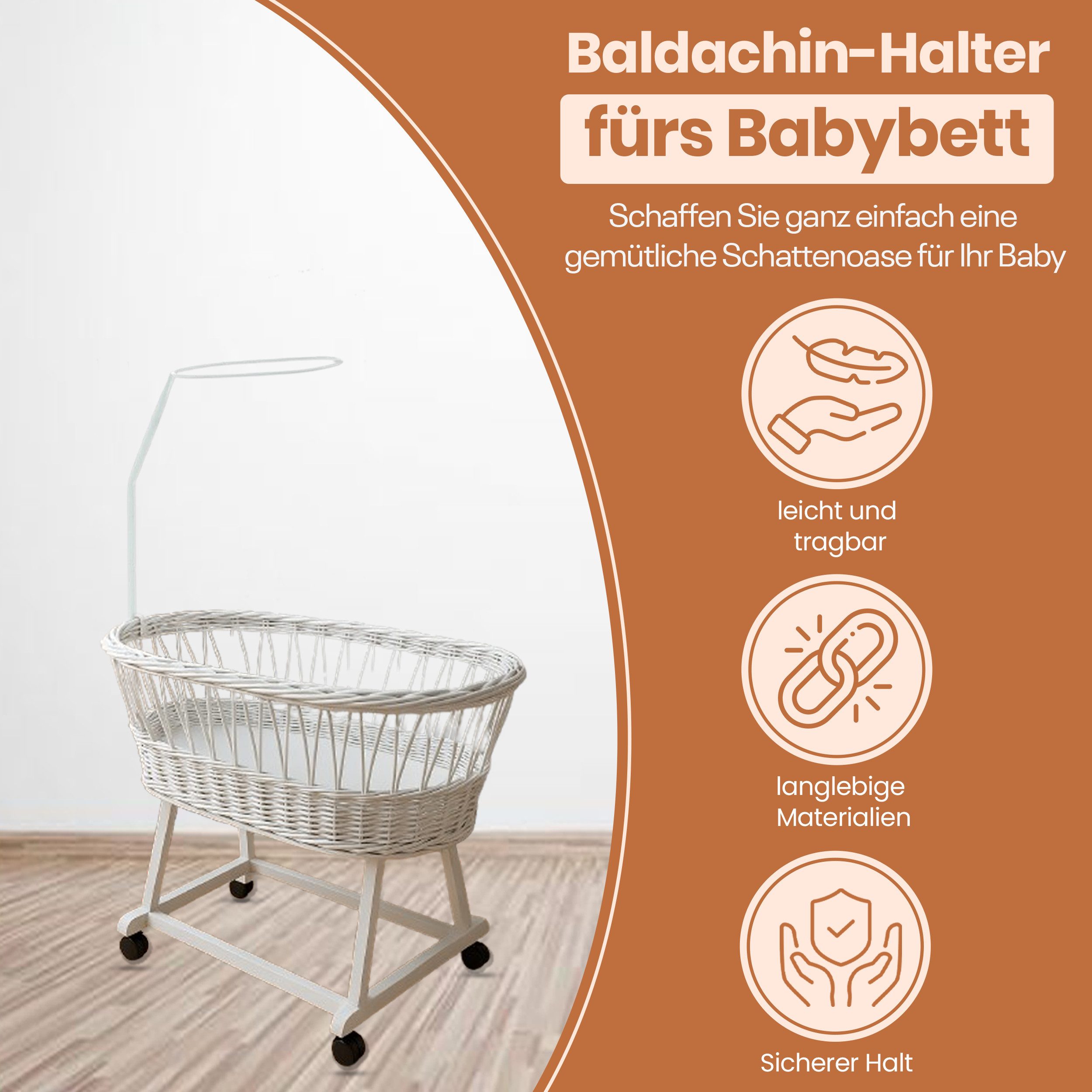 Best for Kids Himmelstange Best for Kids Baldachinstange Weiß mit Schraubklemme für Babybett, Ø 15 mm, 0-läufig, kürzbar, Klemme, geklemmt, Metall, Schleierhalter für Babybett oder Wiege