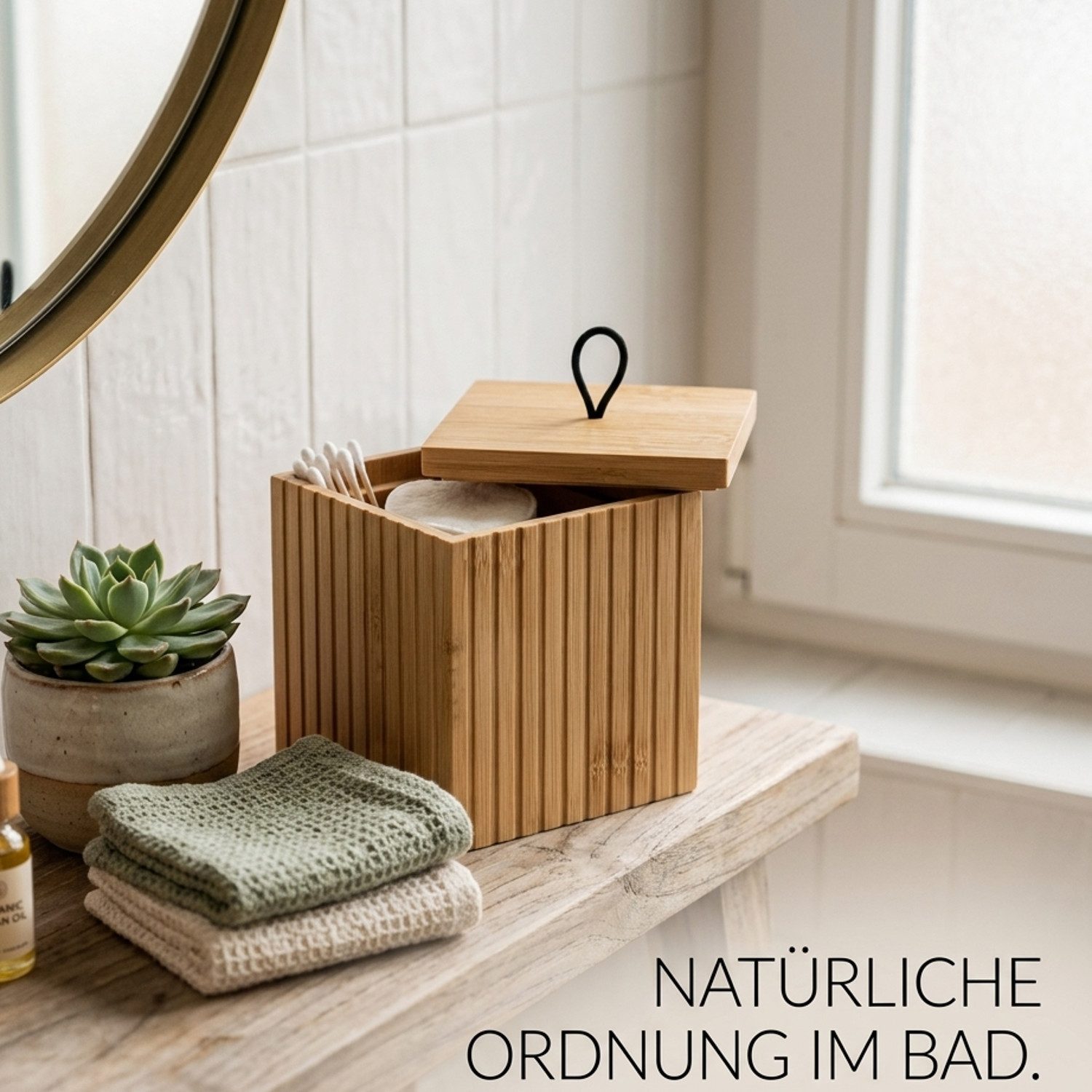 Sanixa Wattepadspender Bambus 9 cm Bad Organizer Braun mit Deckel, (1-tlg., natürliche Badaufbewahrung), kosmetik Aufbewahrungsbox für Wattepads und kleine Pflegeartikel