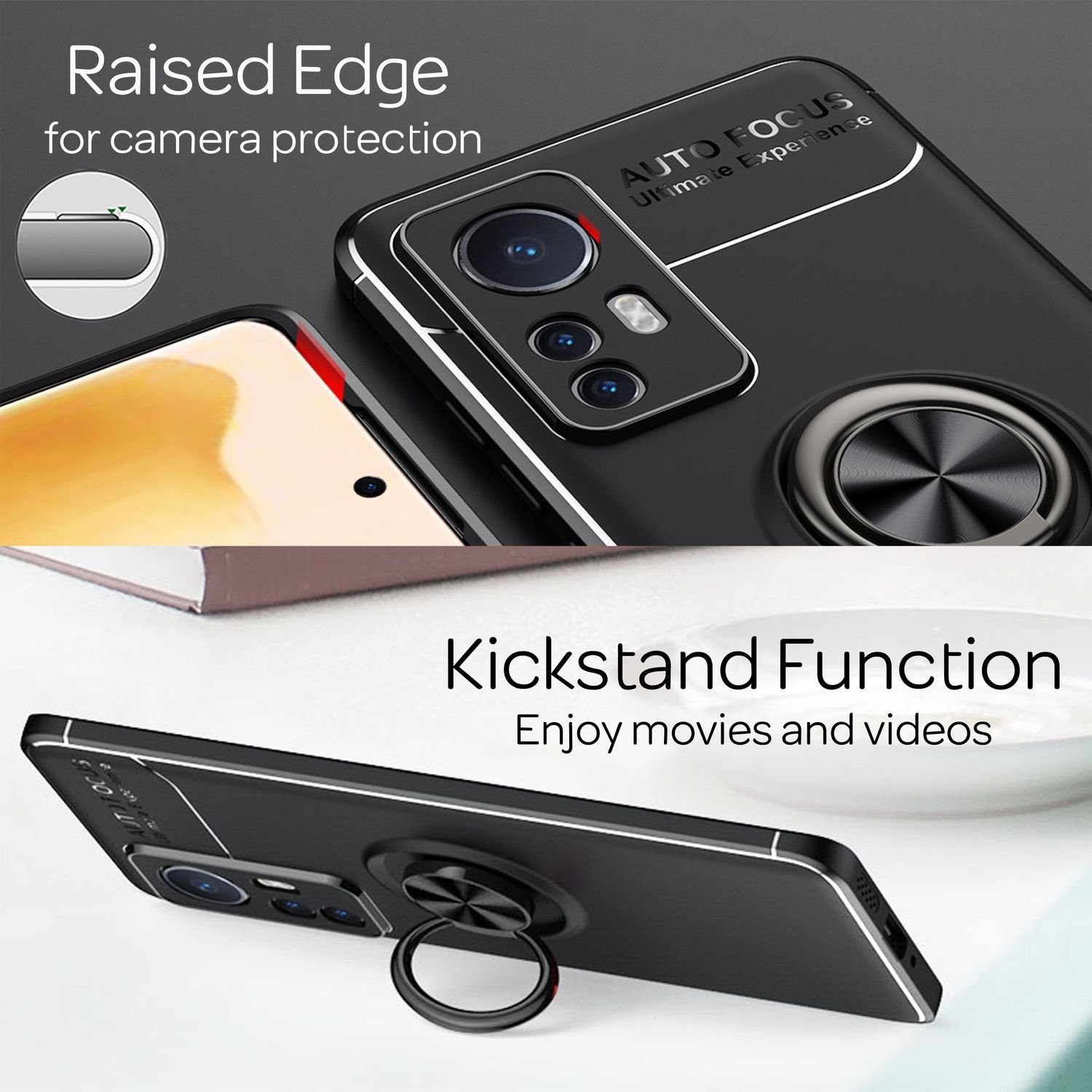Nalia Smartphone-Hülle Xiaomi 12 Xiaomi 12X 16 cm (6,28 Zoll), Matte Ring Silikon Hülle / 360 Grad Ring / Standfunktion / Rutschfest