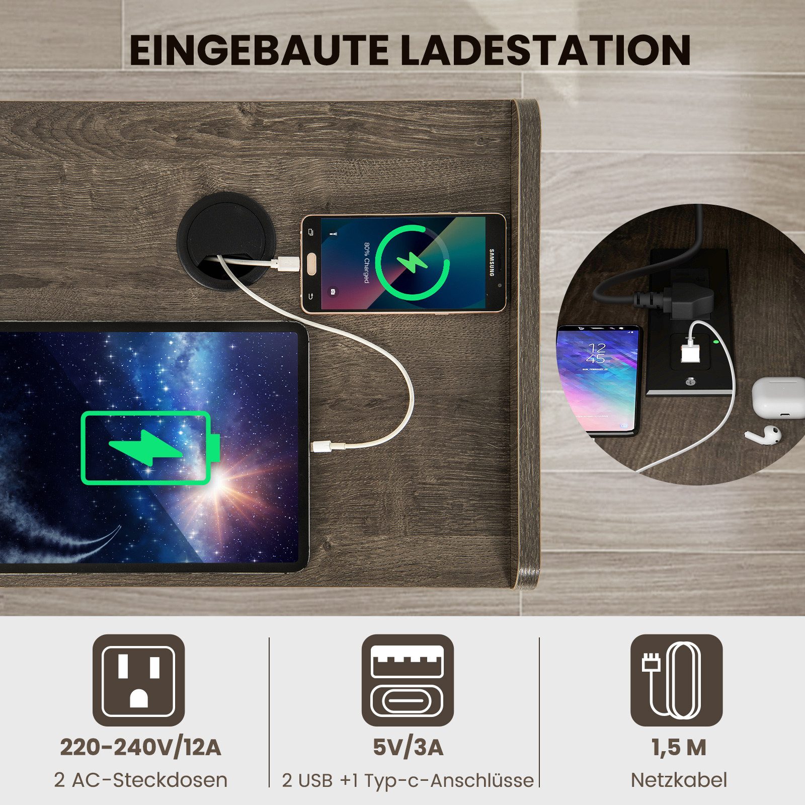 COSTWAY Nachttisch, Plattenspieler-Ständer mit Ladestation & Ablagen, Holz