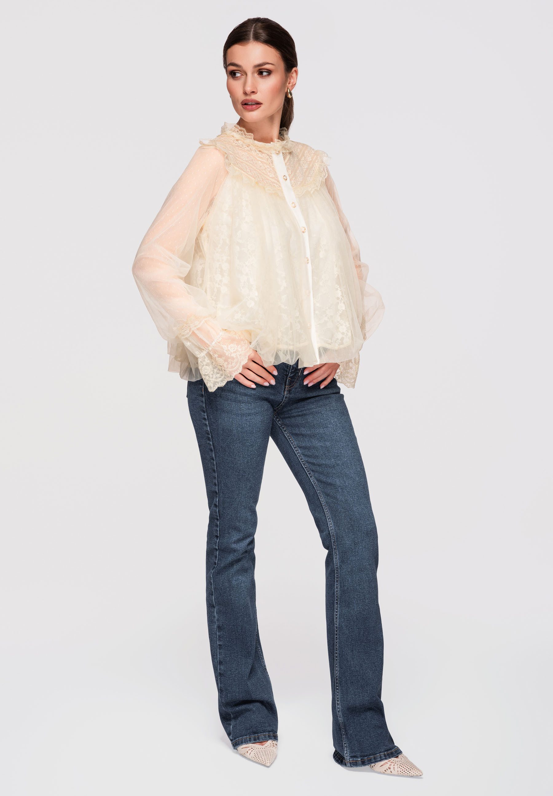 OMBRE Hemdbluse Damen Tüllbluse mit Spitze Elegant Vintage Beige ONESIZE (kein Set, 1-tlg) Inklusive abnehmbarem Gürtel, Koronkowymi-Einsätze