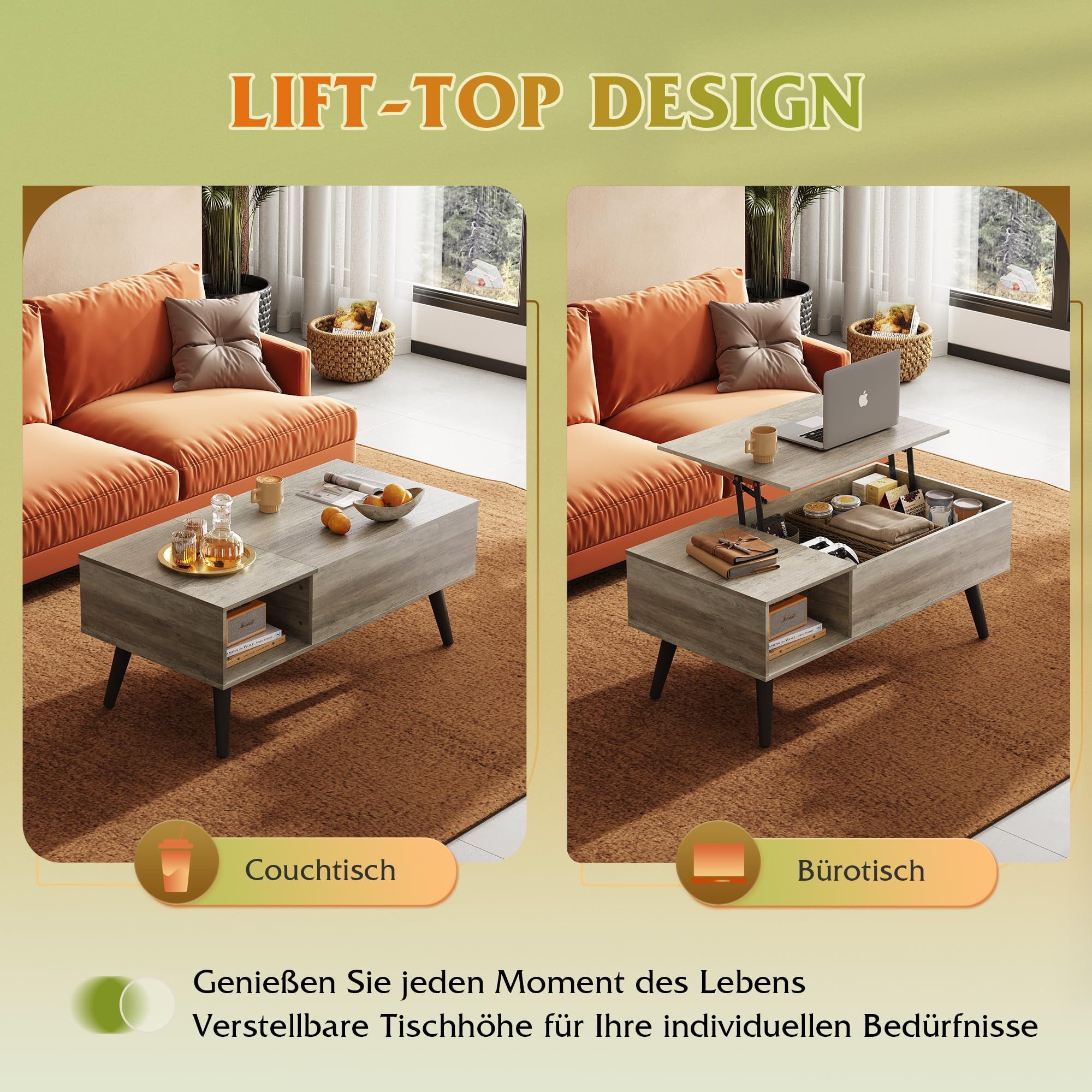 WLIVE Couchtisch höhenverstellbar mit Stauraum, Lift-Top Wohnzimmertisch 100×50×41-57cm (Packung, Lift-Top-Design), Holzoptik & Metallrahmen, für Wohnzimmer Bür – Bild 4 von 5