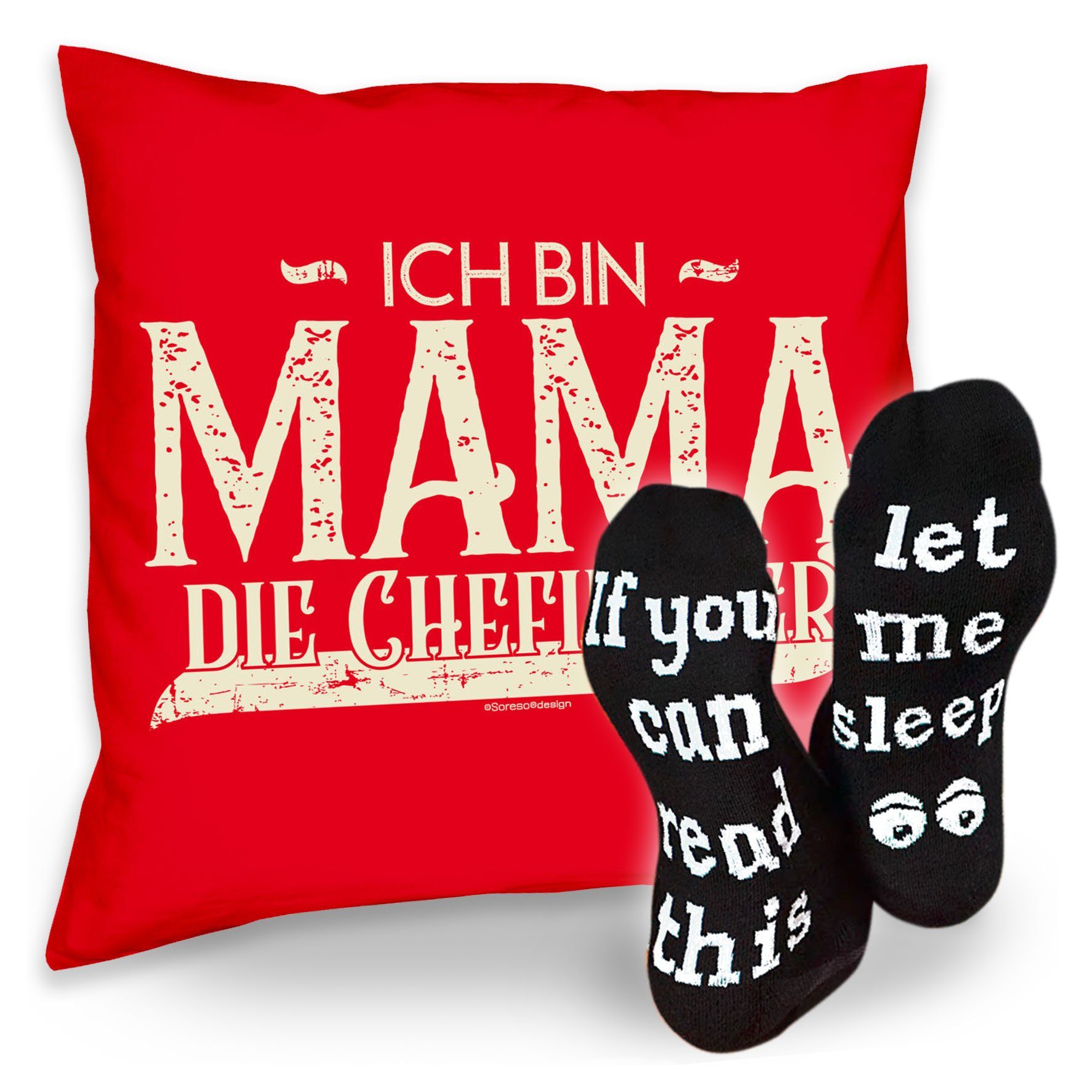 Soreso® Dekokissen Kissen Ich bin Geschenk rot Chefin Mama Sprüche Sleep, die & hier Socken Geburtstagsgeschenk