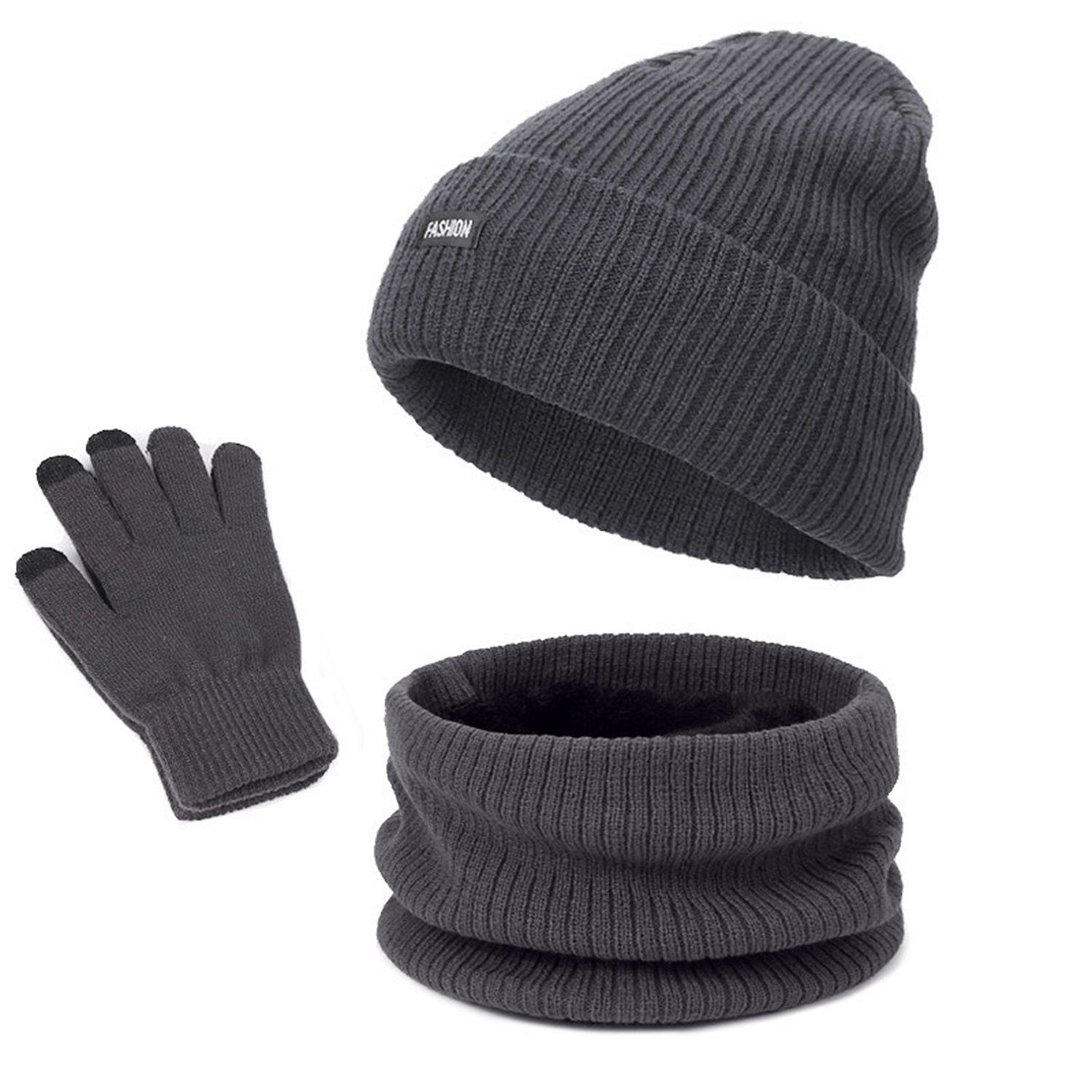 Wintermützen STÜCKE, Grau Touchscreen-Handschuhe) Set Handschuhe Schal elastisch Mütze SCOHEAD Warme (3 Größe, Bommelmütze 3-St., Gleichmäßige
