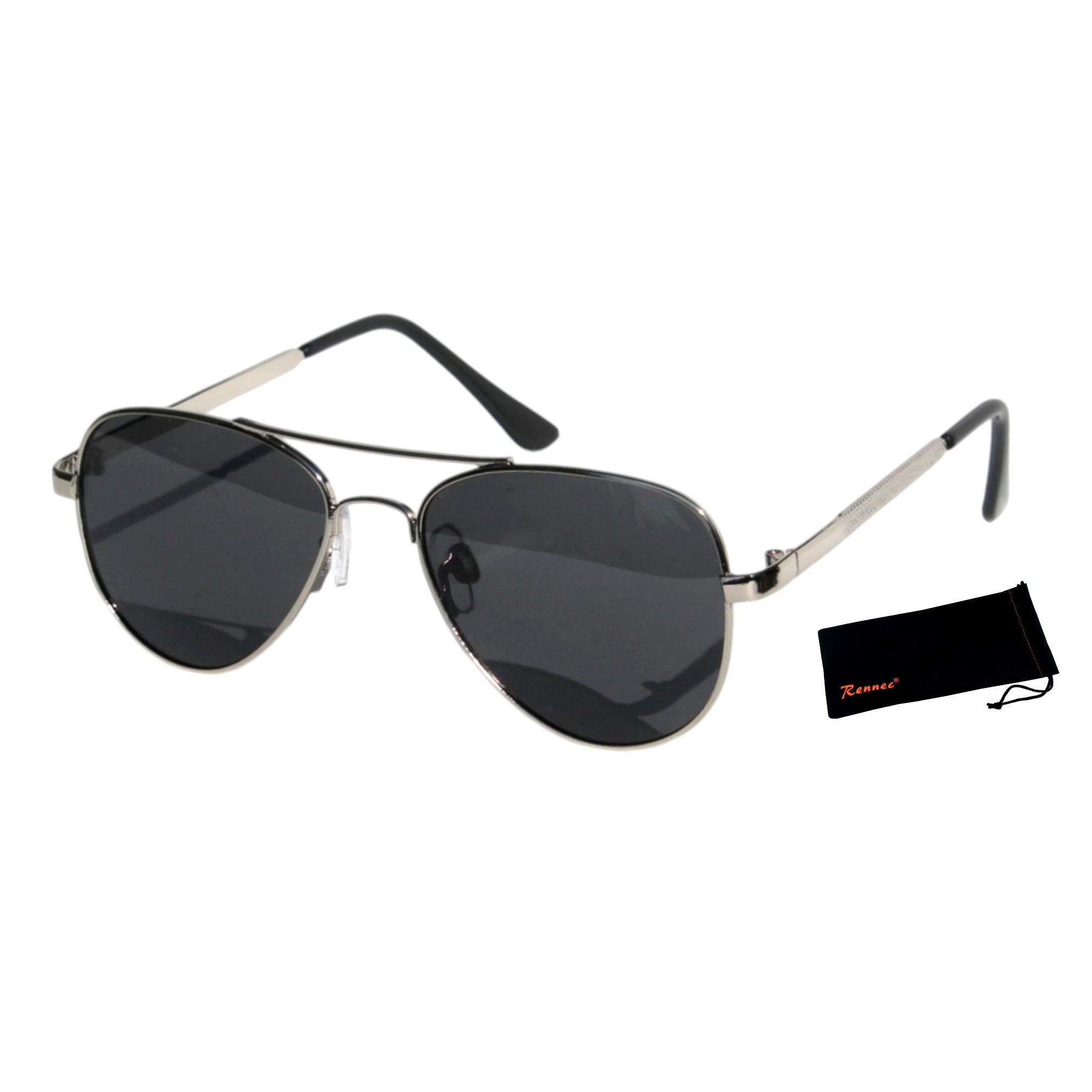 Rennec Sonnenbrille Kinder Pilotenbrille Polarisiert Jungen Mädchen 6 bis 11 Jahre (inklusive Brillenbeutel) Gläser UV400 Schwarz Getönt, stabiles Metallgestell
