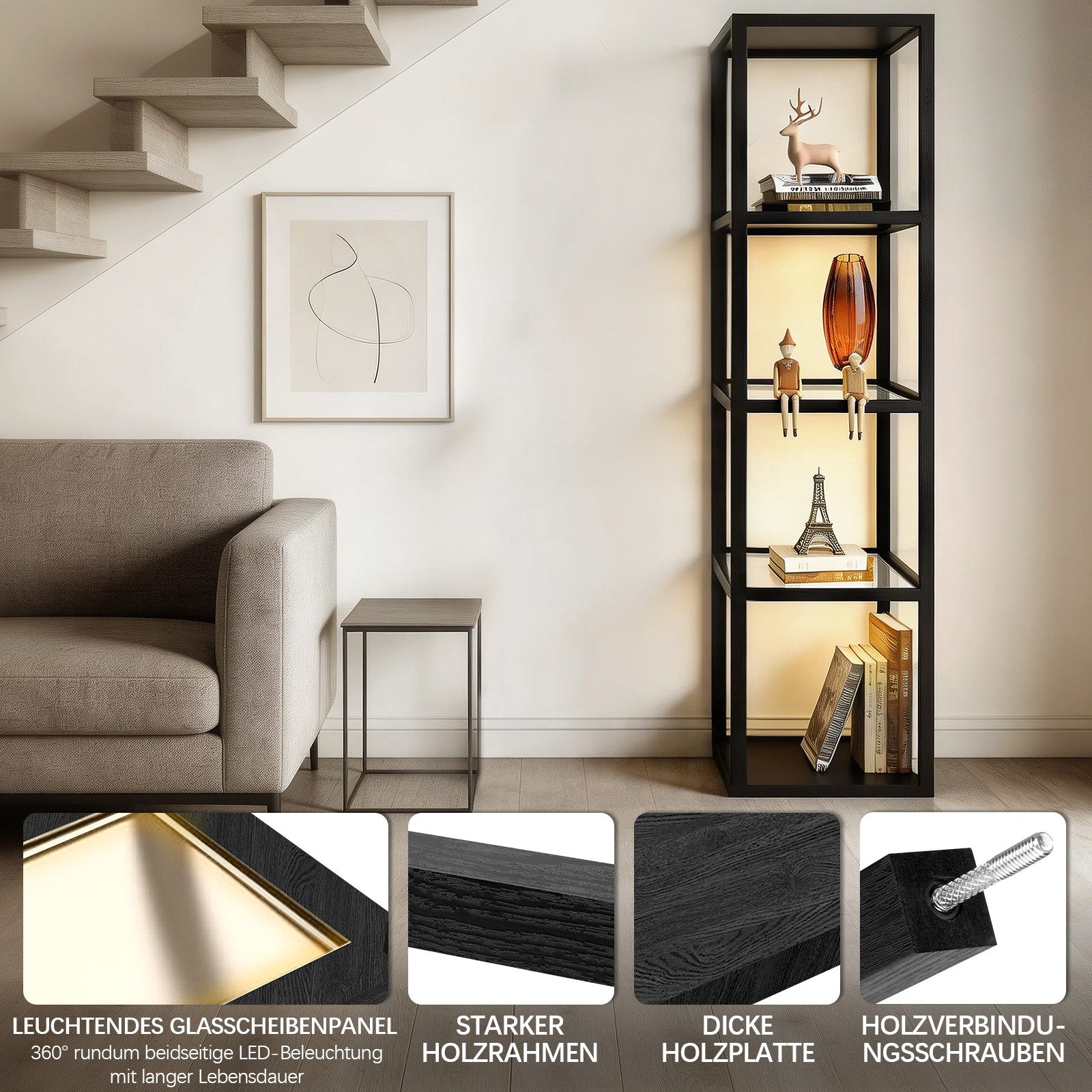 XIIW Glasvitrine 5 Etagen LED Vitrine mit Glasböden Standvitrine Standregal 39×30×168cm (Schmale Vitrine mit Fernbedienung & Fußsteuerung) für Wohnzimmer Schlaf – Bild 4 von 5