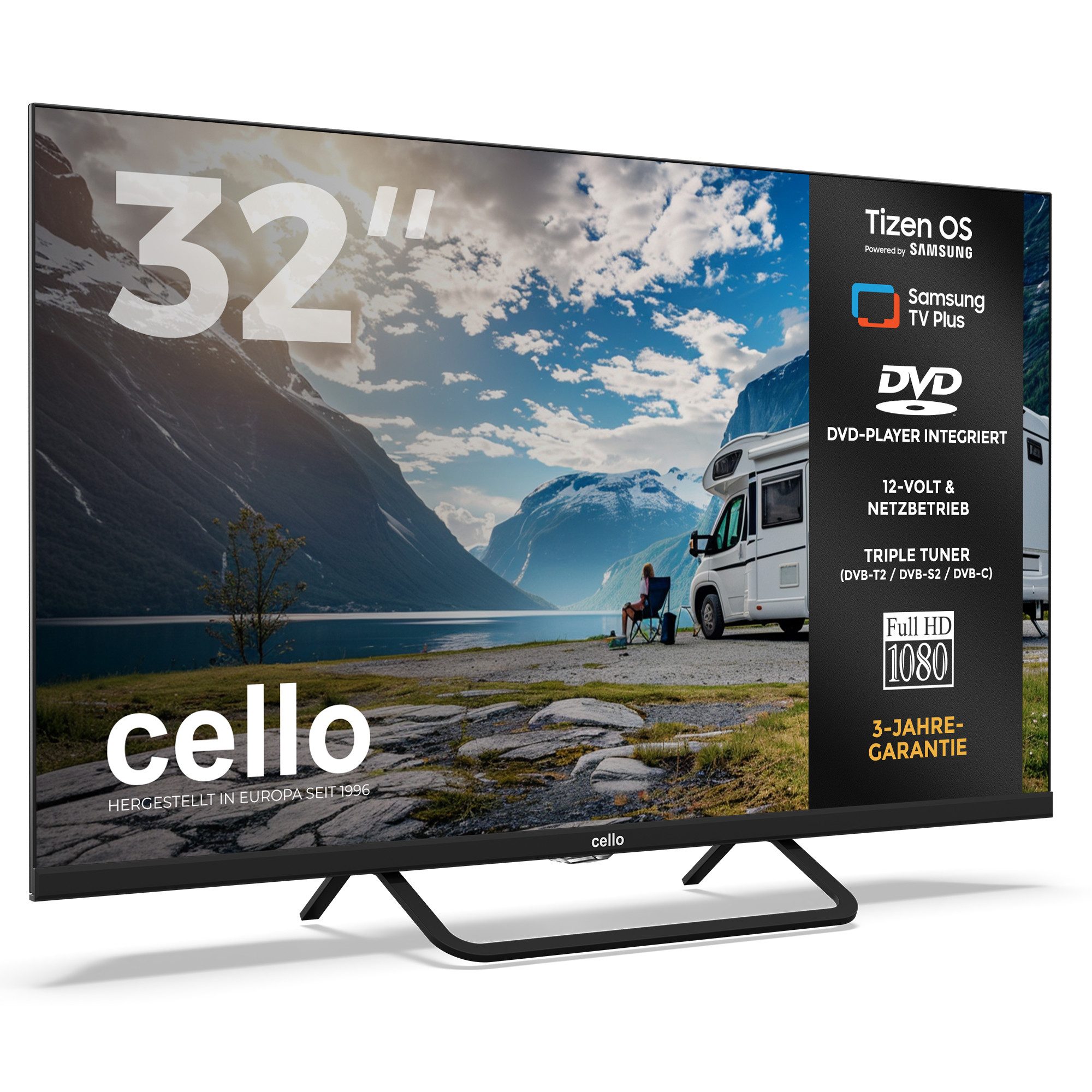 Cello CTrav-32TZF LED-Fernseher (81 cm/32 Zoll, Full HD, Smart TV, LAN (RJ45), WLAN, Triple Tuner (DVB‑S2/T2/C), Smart Tizen OS powered by Samsung)