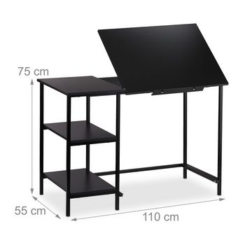 relaxdays Schreibtisch Schreibtisch neigbar mit 3 Ablagen, Schwarz / Schwarz