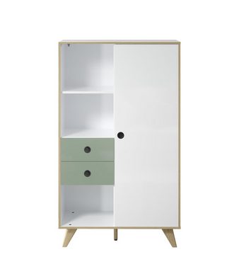 möbelando Highboard Ankeny, Highboard im skandinavischen Design, Korpus aus Spanplatte, Front aus MDF in Weiß-Hochglanz, Absetzungen in Grün Hochglanz mit 1 Holztür, 2 Schubkästen, 3 Einlegeböden und 3 offenen Fächern. Breite 90 cm, Höhe 153 cm, Tiefe 40 cm