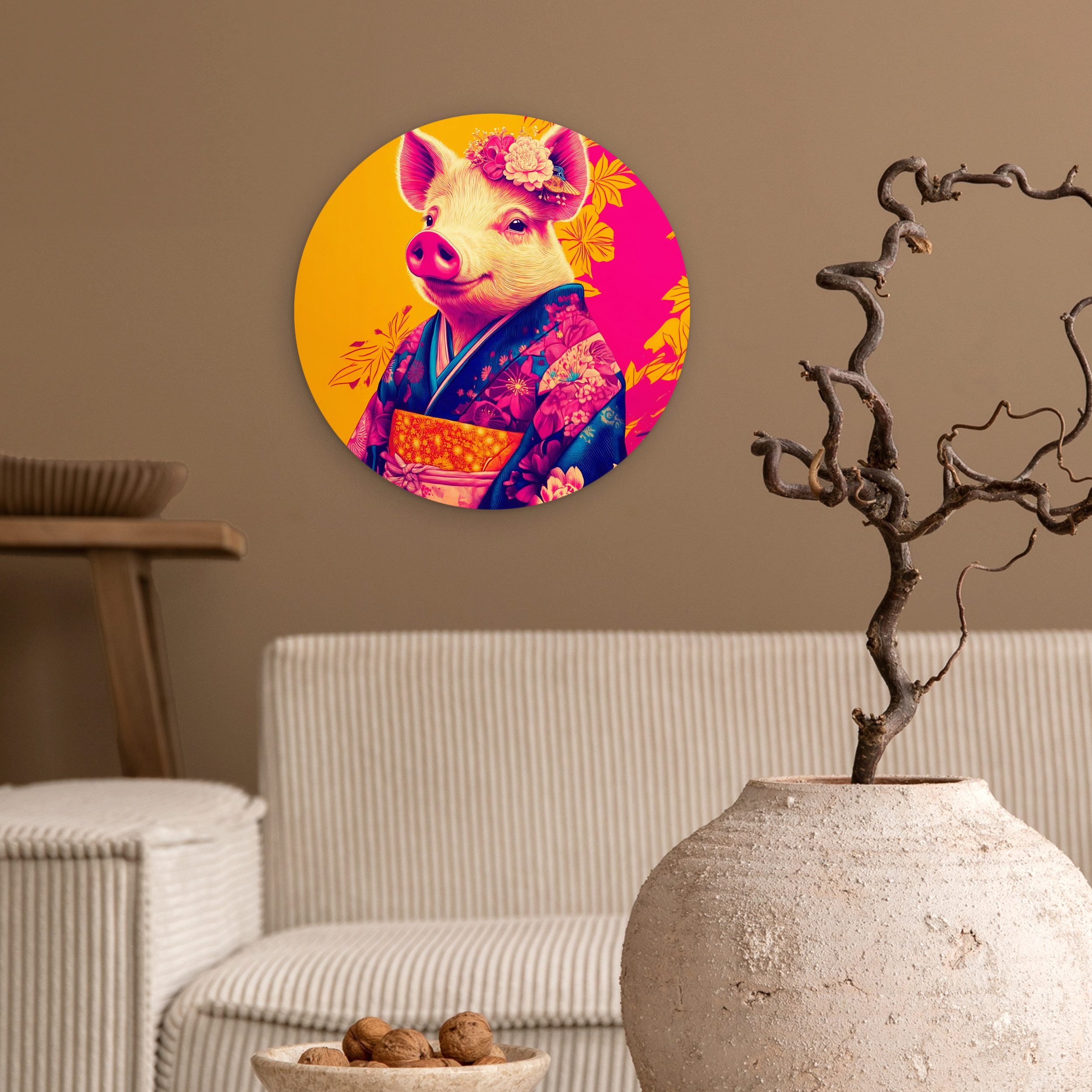 MuchoWow Gemälde Schwein - Blumenkrone - Kimono - Abstrakt, Fotodruck (1 St), Kreis Wanddekoration, Rundes Wandbild, 30x30 cm