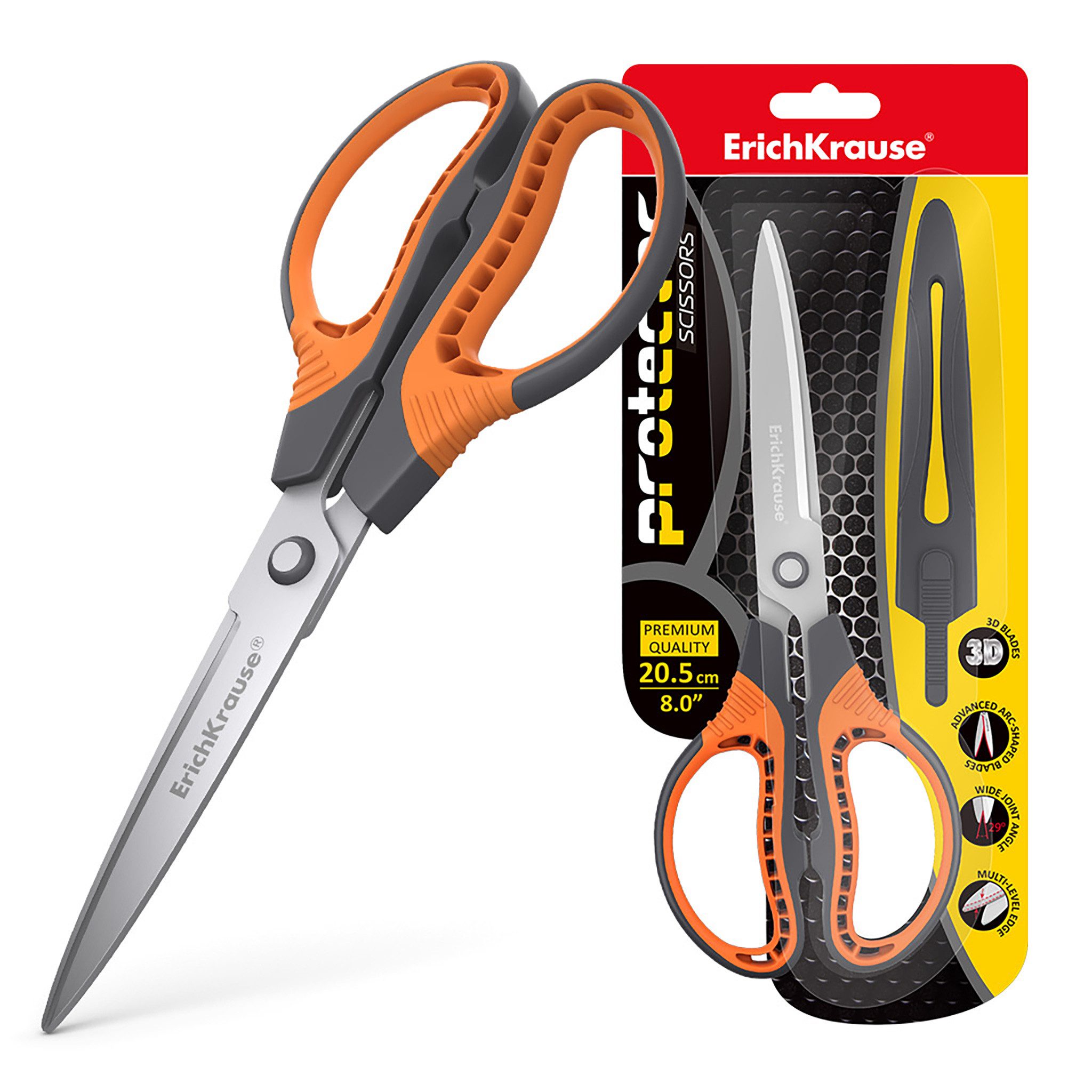 Erich Krause Papierscheren, Schere 21cm rostfrei 3D Klingen mit Schutzhülle 1 Stück Orange / Grau