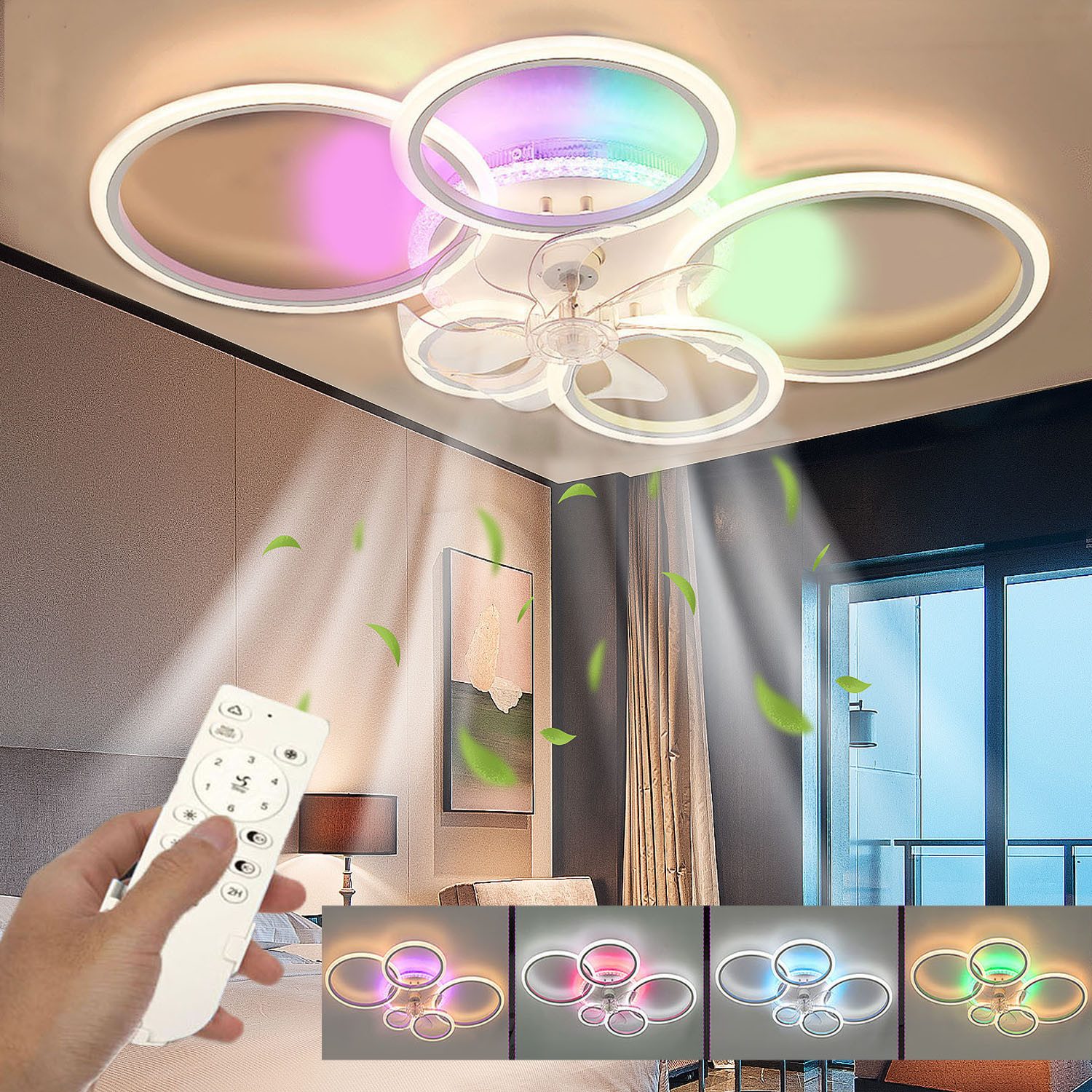 oyajia Deckenleuchte 70W Leise Deckenventilator mit Beleuchtung, Deckenlampe Mit Ventilator, LED fest integriert, Warmweiß, Naturweiß, Kaltweiß,RGB, Dimmbar Deckenventilator mit RGB Backlight, 6 Geschwindigkeiten 96cm