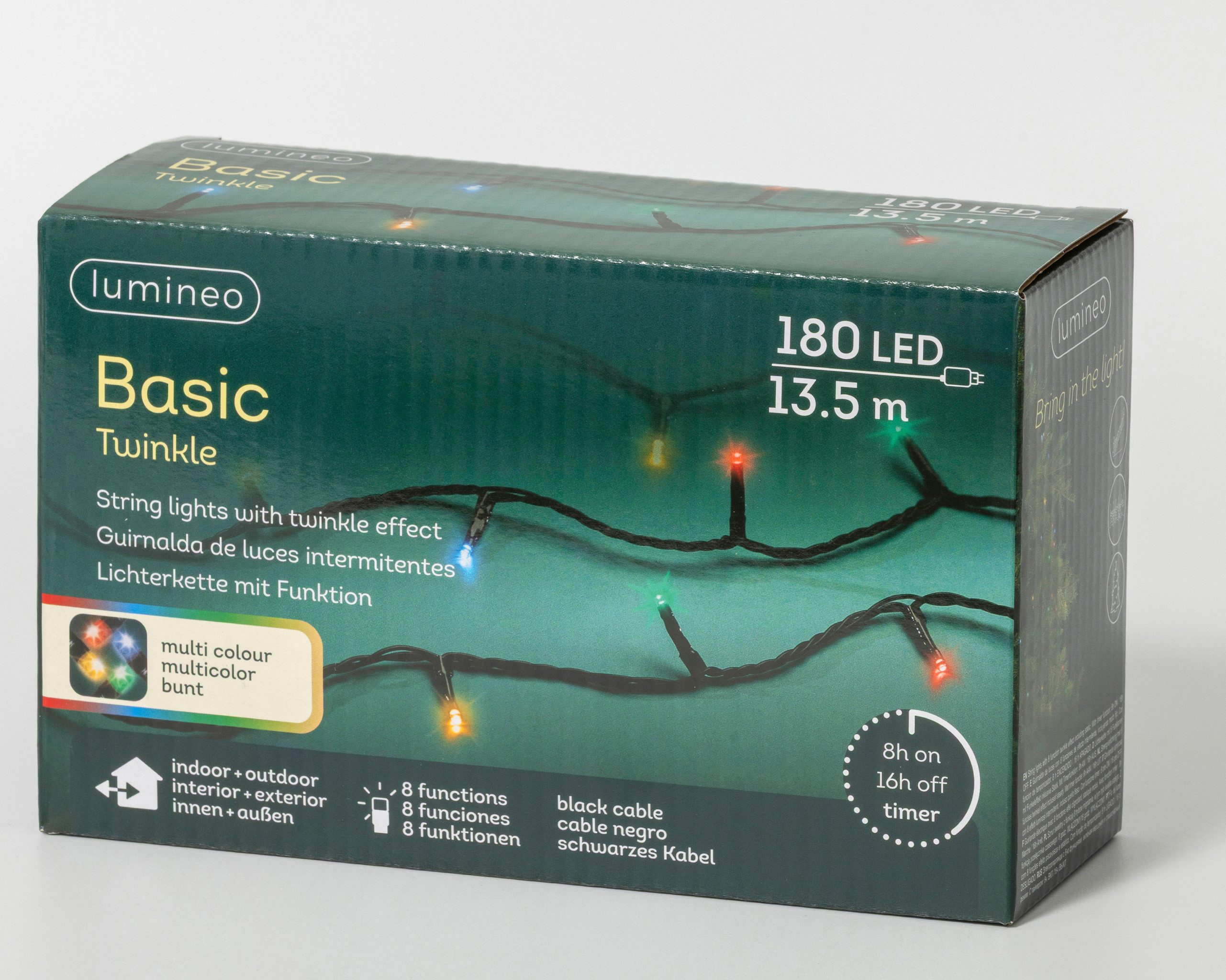 Lumineo LED-Lichterkette, LED Lichterkette 13,5m Basic mit Trafo 180 LEDs Bunt / Schwarz