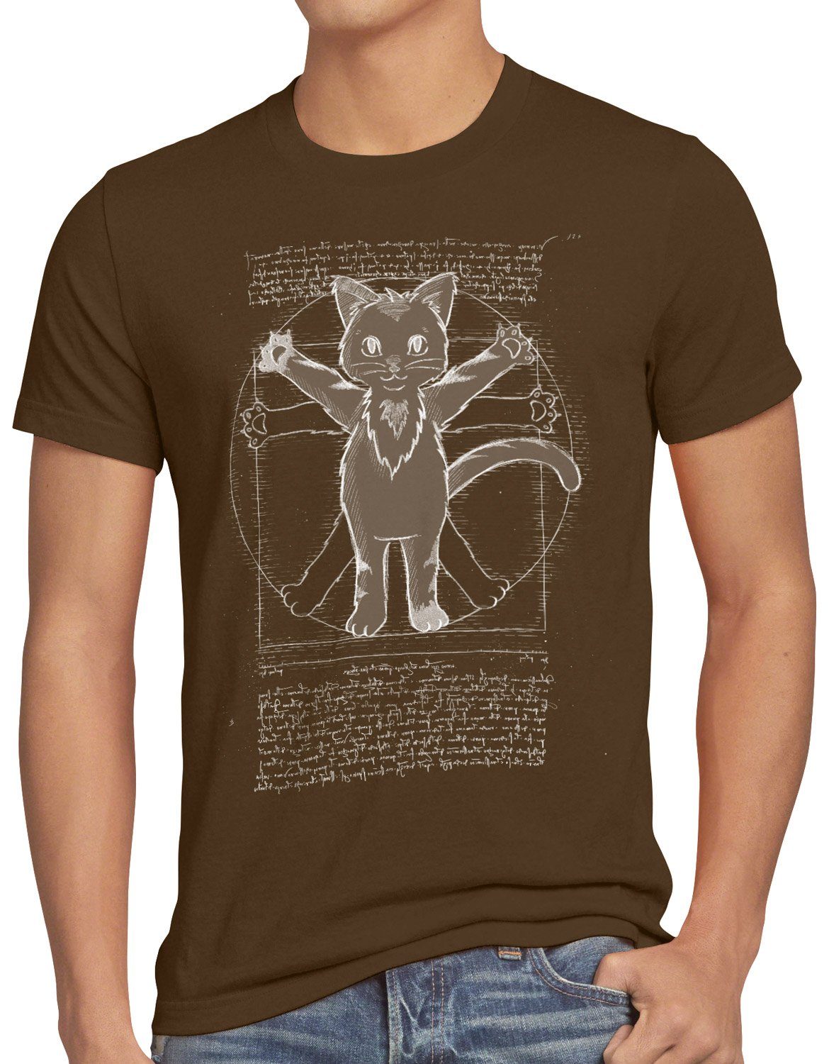 style3 Print-Shirt Herren T-Shirt Vitruvianische Katze kätzchen da vinci tier braun