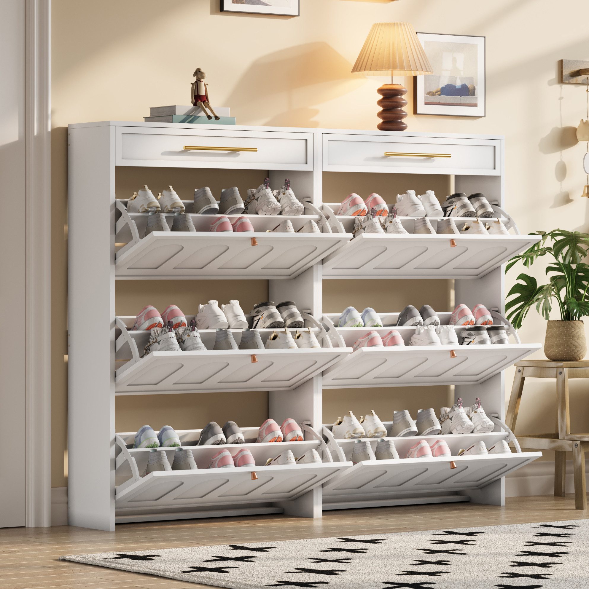 OKWISH Schuhschrank 140x123,5x25 cm Inklusive 2 Schubladen, aus MDF in Weiß (Packung, 2-St., 2-teiliges Set Moderner Schuhschrank mit 12 Fächern) Vielseitig für Flur, Tür, Wohnzimmer & Büro