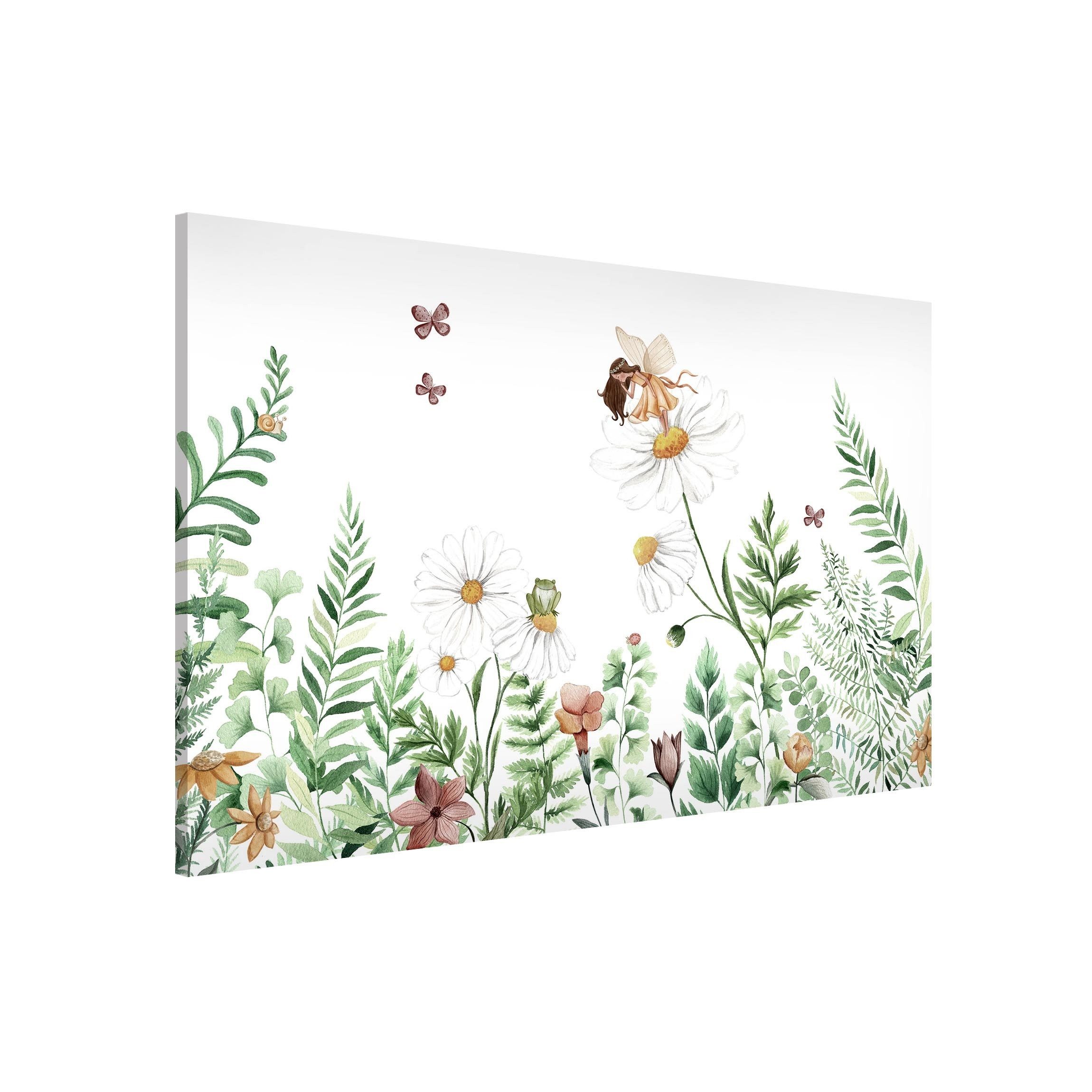 Bilderdepot24 Magnettafel Kinder grün Kleine Elfe auf der Märchenwiese, (1-tlg., Magnetboard Pinnwand für die Wand - metallische Tafel für Magnete), Magnetwand groß mit Motiv Kinderzimmer Memoboard magnetisch Querformat