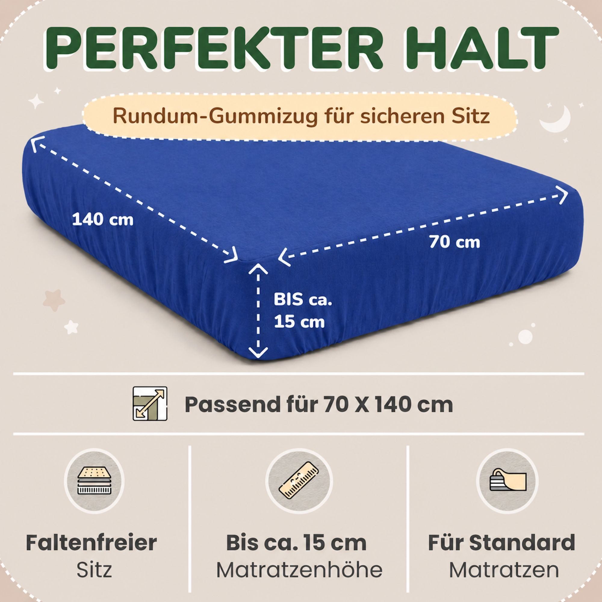 leevitex® Spannbettlaken für Kinderbetten, 1er-Set, 70 x 140 cm, Steghöhe 15 cm, Jersey, Gummizug: rundum, (1 Stück), verschiedene Farben, OEKO-TEX® STANDARD 10 – Bild 4 von 5