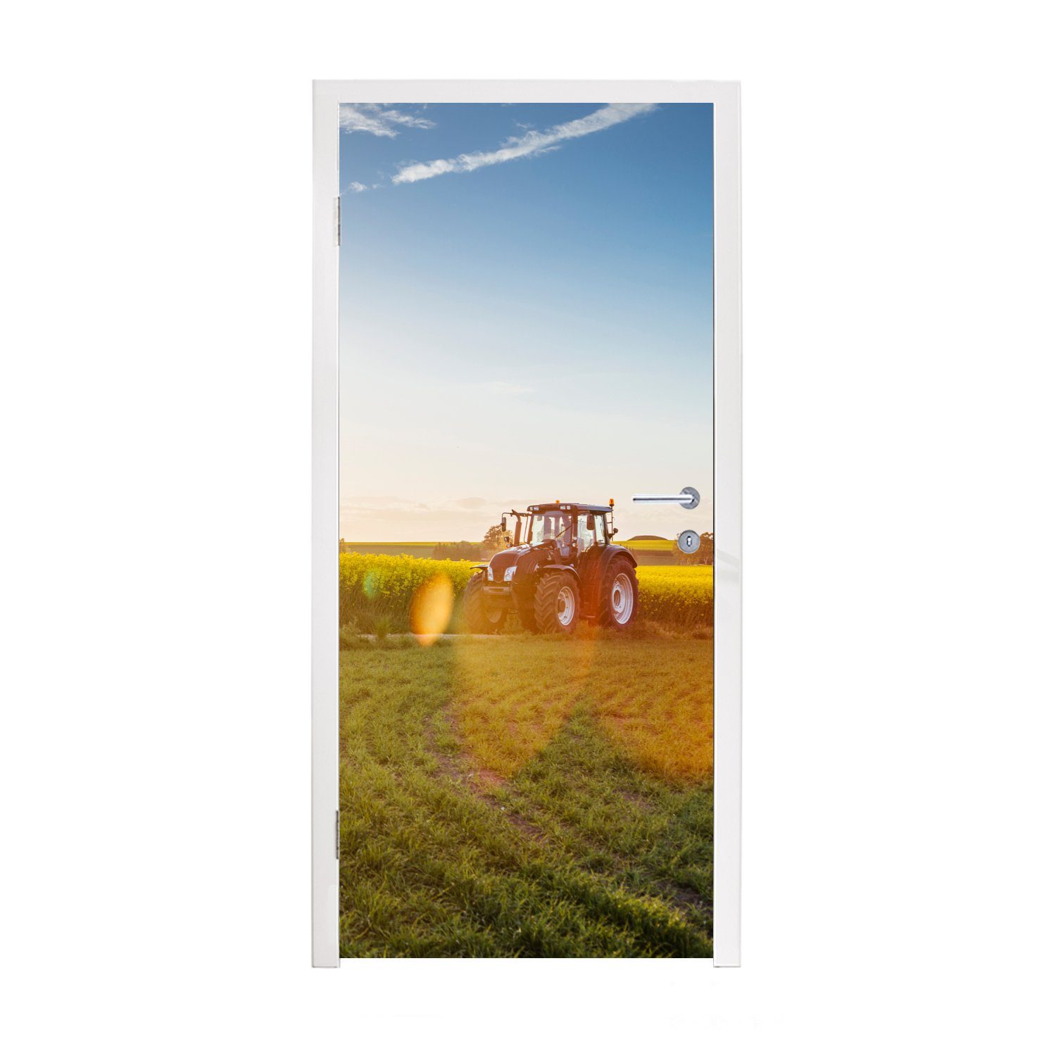 St), MuchoWow 75x205 Traktor Türaufkleber, - bedruckt, Türtapete Tür, Fototapete Gras - cm Matt, Sonnenuntergang, (1 für