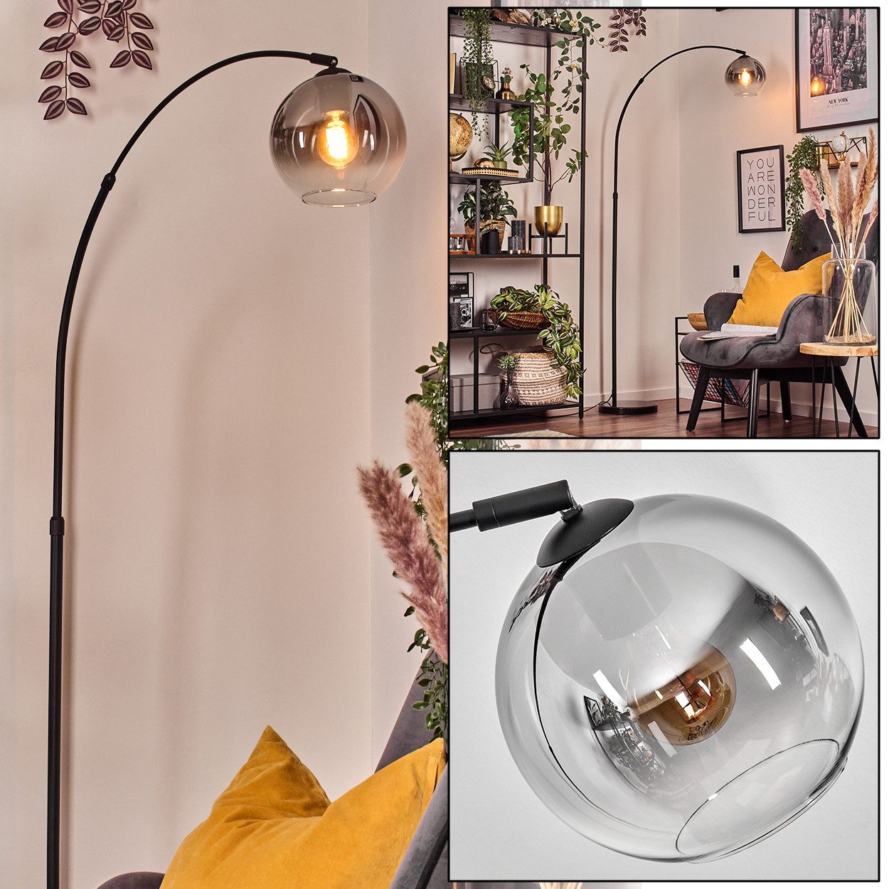 Stehlampe Stehlampe aus Metall/Glas in Schwarz/Rauchfarben/Klar mit Marmorfuß