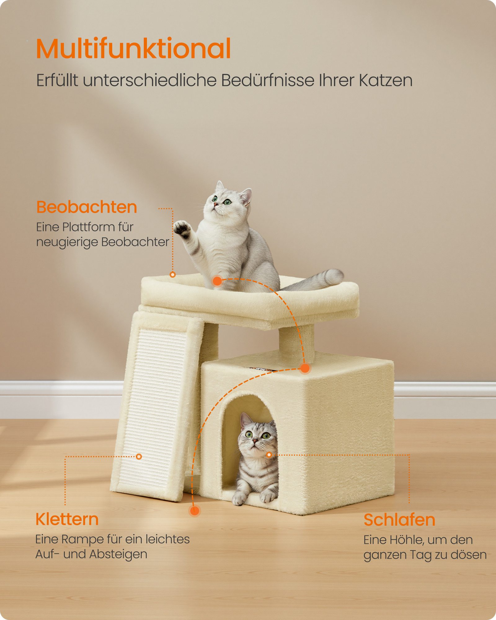 FEANDREA Kratzbaum Katzenbaum, Kratzsäulen und Rampe, mit Plattformen, Höhle, Korb und Plüschbällen