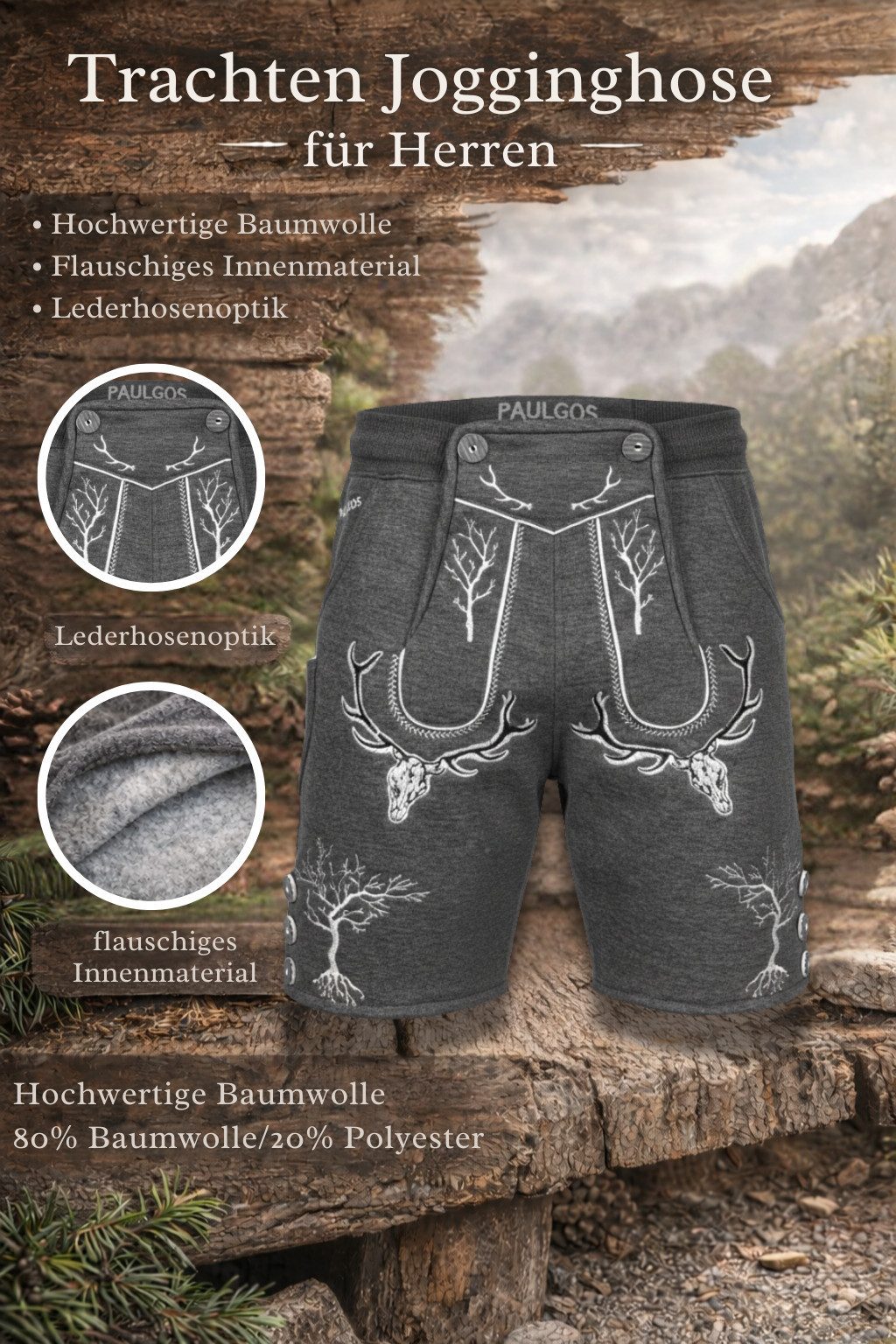 PAULGOS Trachtenhose Herren Jogginghose Design Lederhose Kurz Sweathose Bermuda Shorts JOK6