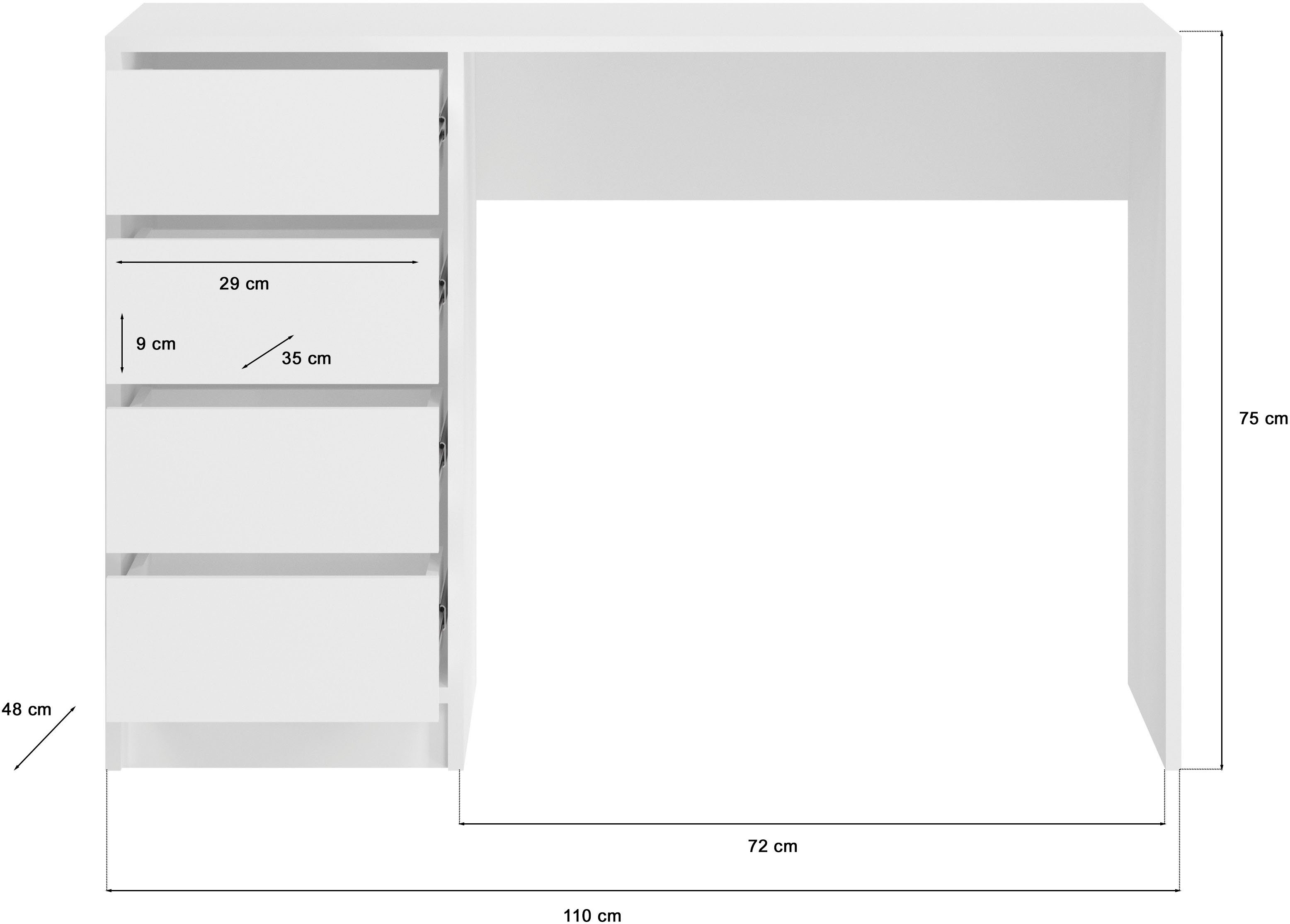 Home affaire Schreibtisch Pisa, Breite 110 cm, 4 Schubkästen, hochglanz Schubkastenfront, grifflose Optik, individuell einsetzbar, Schminktisch, Homeoffice