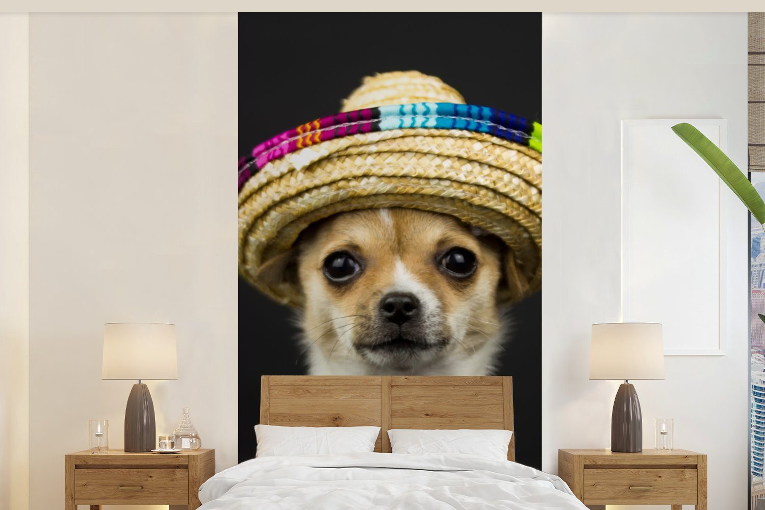 MuchoWow Fototapete Hund - Sombrero (2 - für Vliestapete Schlafzimmer Matt, Küche, Fototapete Schwarz, bedruckt, St), Wohnzimmer