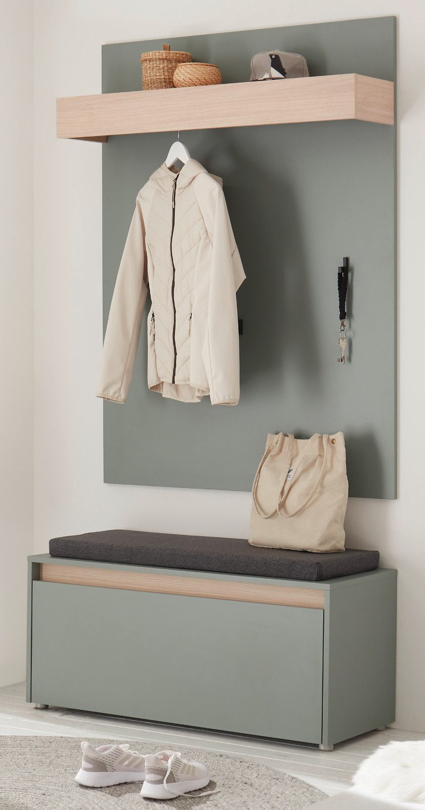 Furn.Design Garderoben-Set Center, (Flurgarderobe in Salbei Grün mit Eiche Dekor, 2-teilig, 100 x200 cm), inkl. Sitzkissen