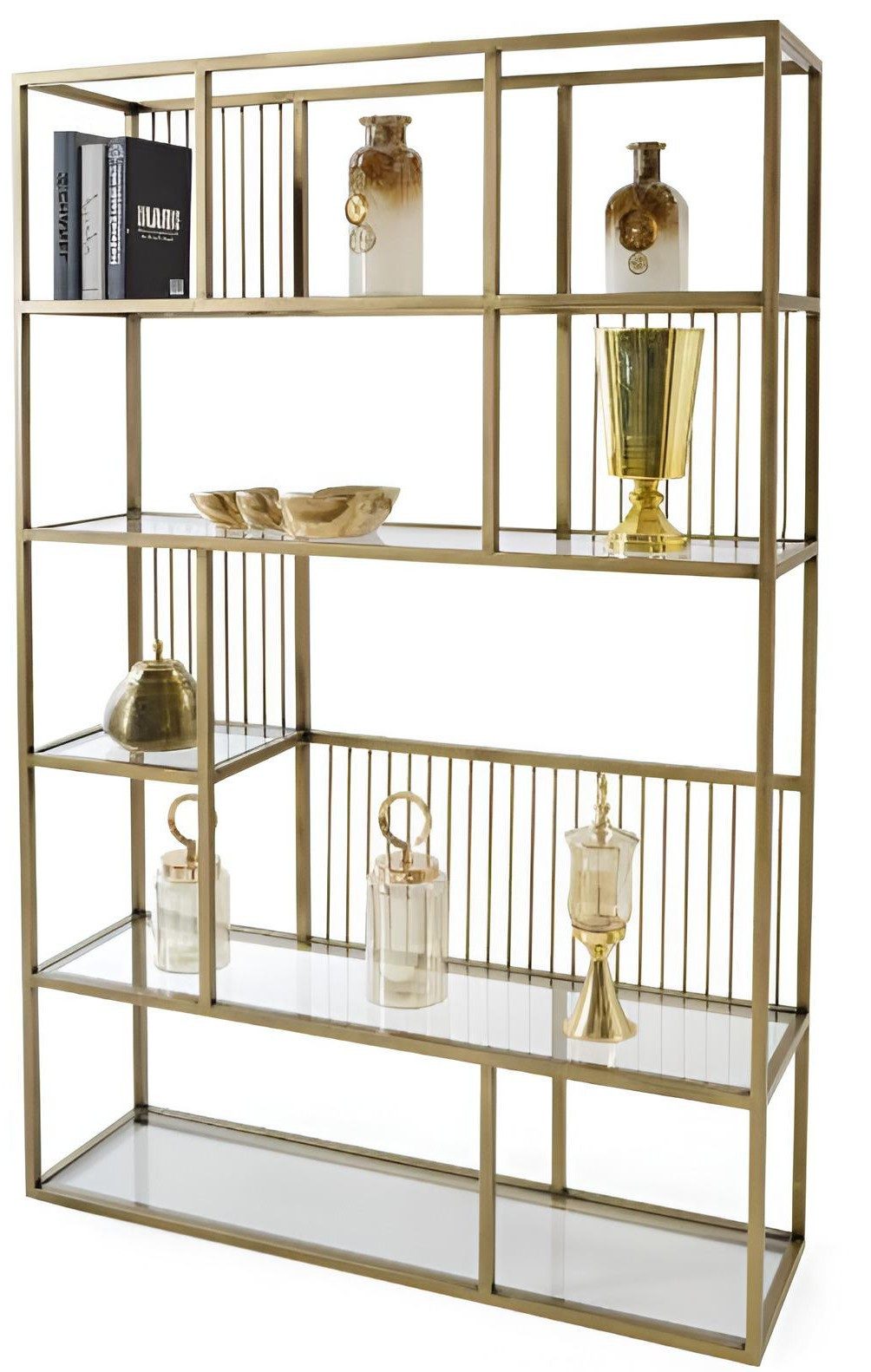 Xlmoebel Bücherregal XLMOEBEL Bücherregal mit goldfarbenem Metallrahmen und Glasböden, Standregal 1-tlg., Made in Europa