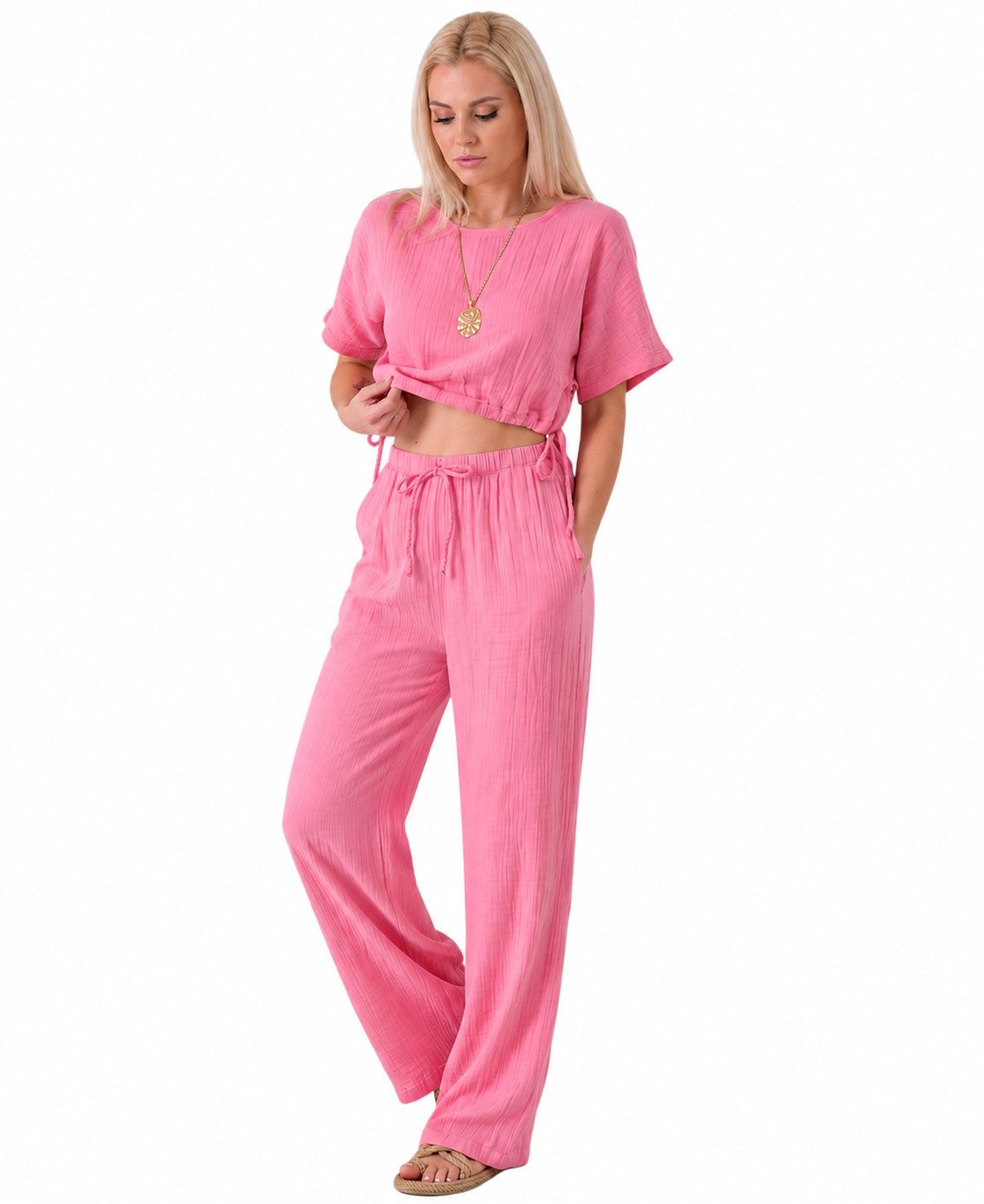 WENOR Palazzohose Damen Musselin-Hose - Sommerhose 100 % Baumwolle, elastischer Bund Weiter Beinverlauf, Musselinstruktur, luftiger Schnitt