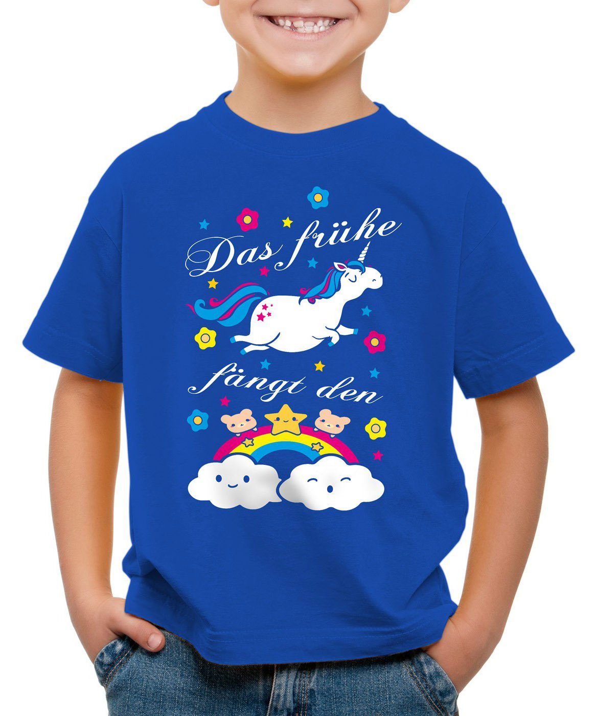 style3 Print-Shirt Kinder T-Shirt Das frühe Einhorn fängt Regenbogen Unicorn spruch fun süß bärchen blau