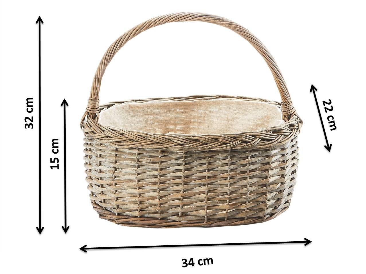 Kobolo Dekokorb Henkelkorb aus grauer Weide mit Textilfutter (1 Stück)