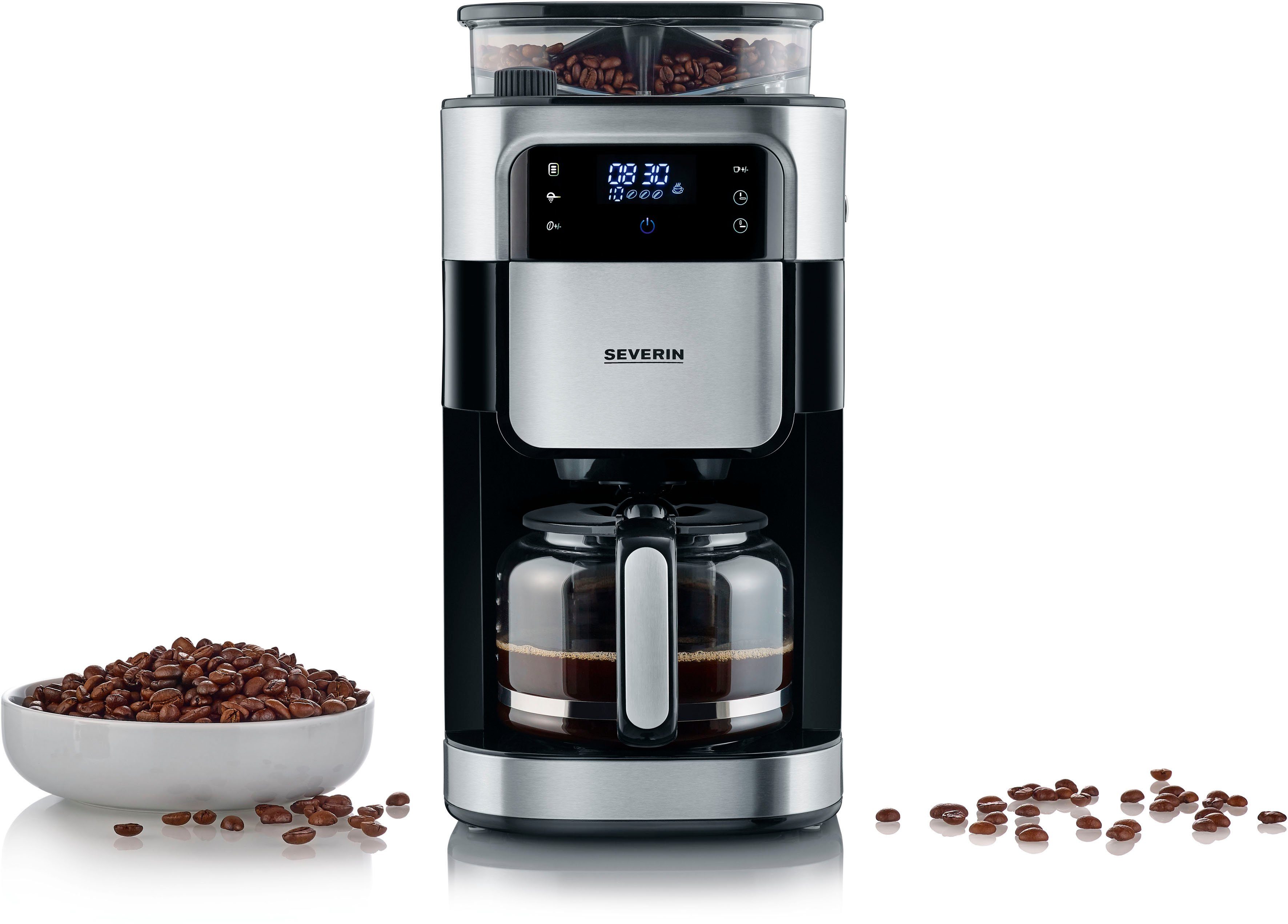 Severin Kaffeemaschine mit Mahlwerk KA 4813, 1,25l Kaffeekanne, Permanentfilter 1x4, Mahlgrad und Kaffeemenge einstellbar, Warmhalten: bis 60 Min., Timer