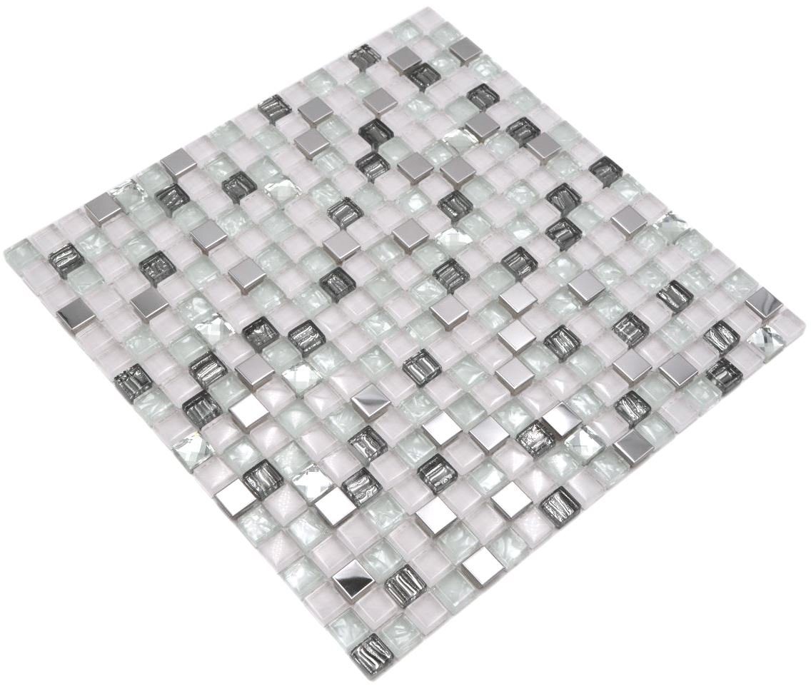 Glasmosaik Mosaikfliesen glänzend Mosaik Mosani Matten weiß Edelstahl / 10