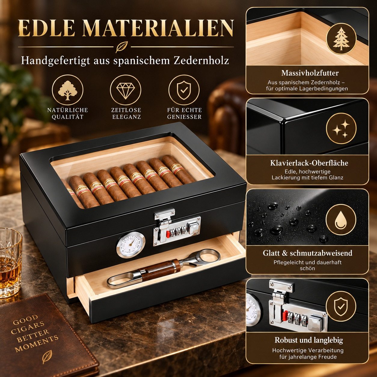 LEMLIT Humidor Zigarren Humidor Zedernholz Mit Hygrometer, Zahlenschloss, Schwarz, Mit Glasfenster, Trennwand Und Zubehörschublade – Bild 4 von 5