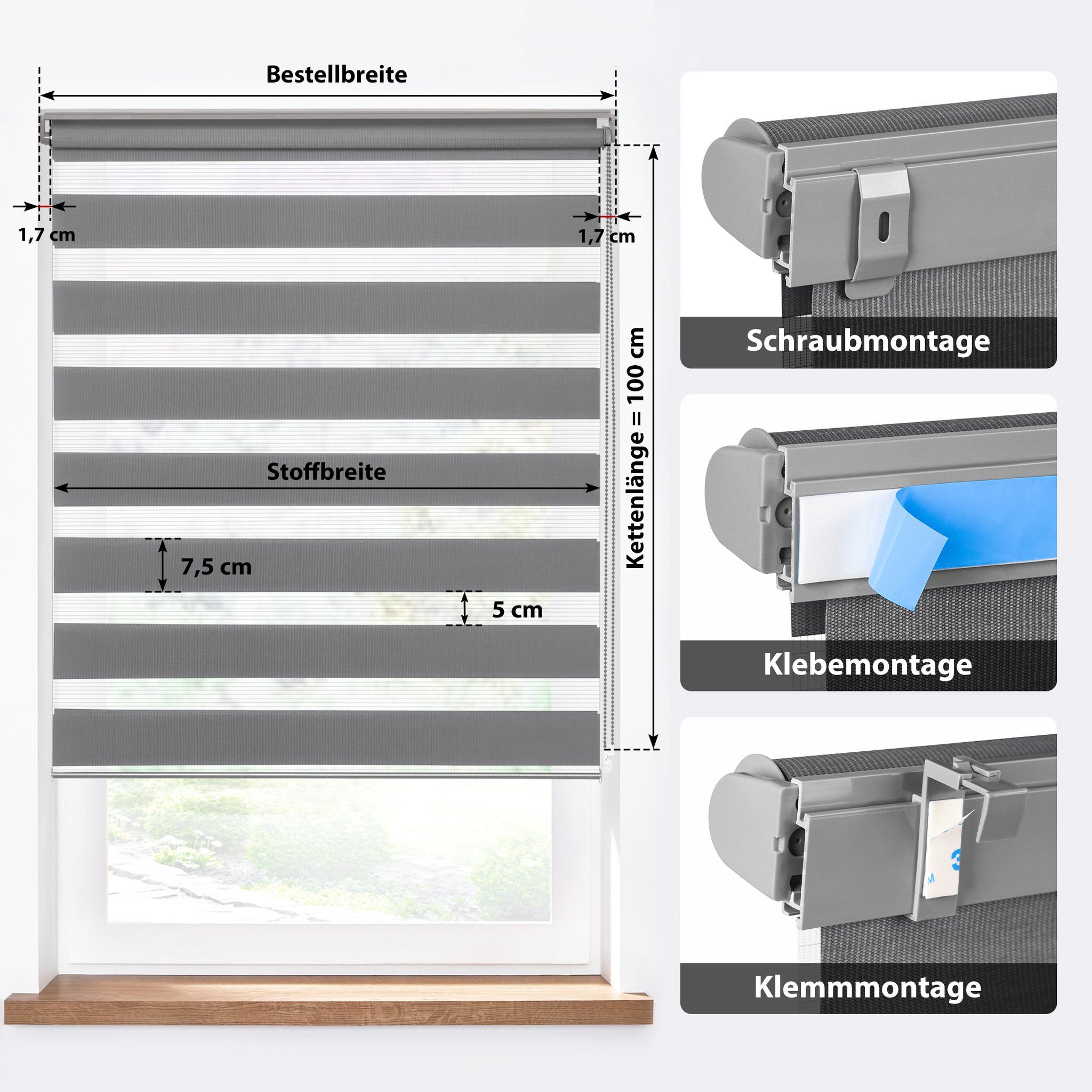 Doppelrollo 30 x 150 cm, dunkelgrau [Stoffbreite 26,6 cm], jalousiescout, blickdicht, mit Bohren/ohne Bohren, freihängend, Klemmen, Kleben und Schrauben OHNE Aufpreis, Lichtdurchlässig, Klemmträger, Feuchtraumgeeignet