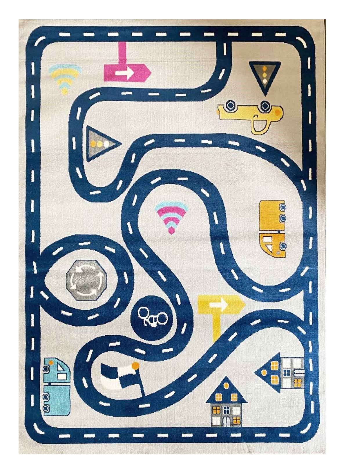 Vimoda Kinderteppich Mondol, Teppich Kinderzimmer mit Auto, Strasse Muster, Rechteckig, Höhe: 8 mm, Spielteppich für kinder, Auto und Straße Muster in Blau & Grau