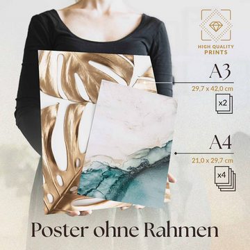Heimlich Poster Set als Wohnzimmer Deko, Bilder DINA3 & DINA4, Goldene Monstera Tempel, Sprüche&Texte