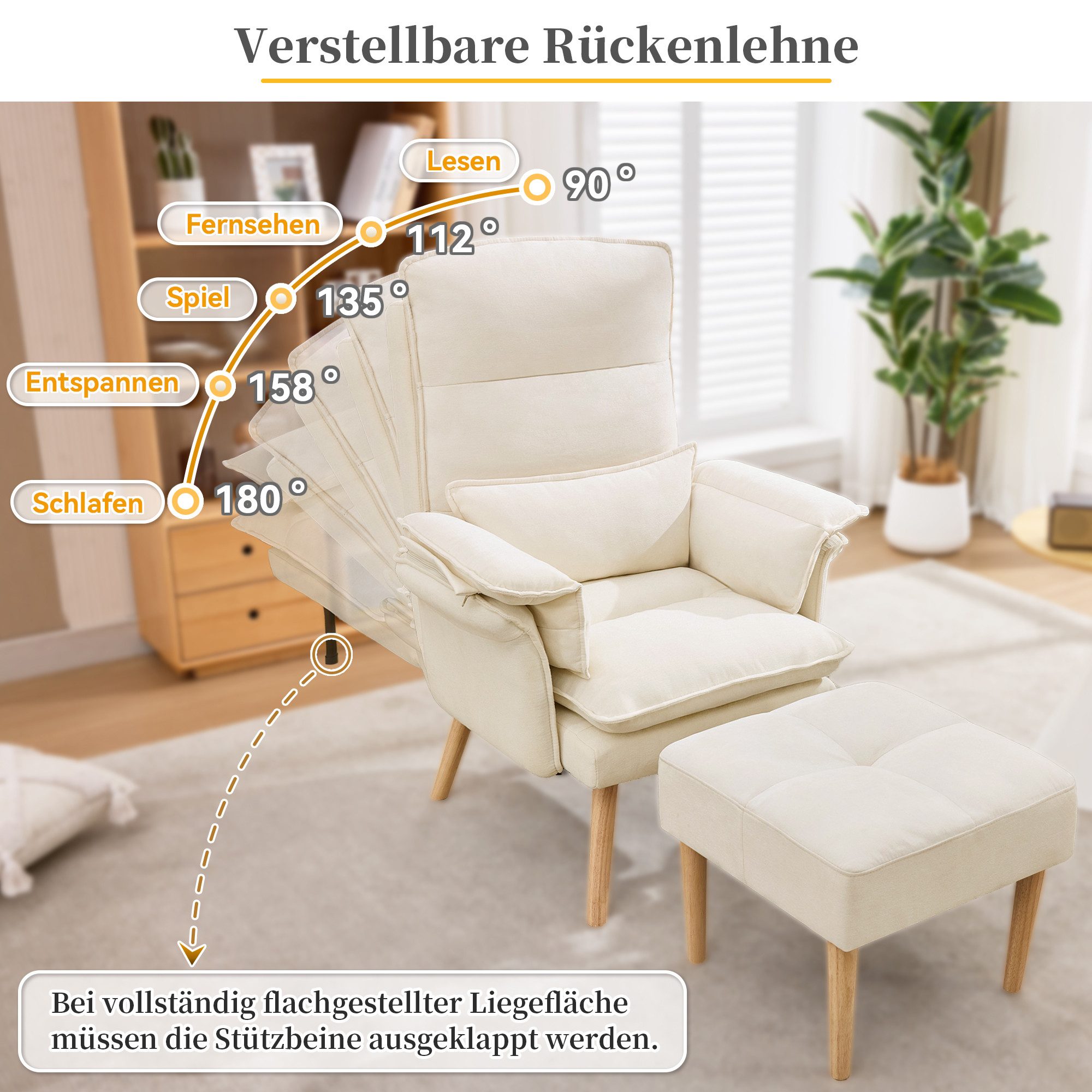 i@home Relaxsessel mit Hocker, Fernsehsessel (bestehend aus Sessel und Hocker), 5-fach verstellbarer, gepolsterter Kopf-und Armlehnenkissen,Holzbeinen
