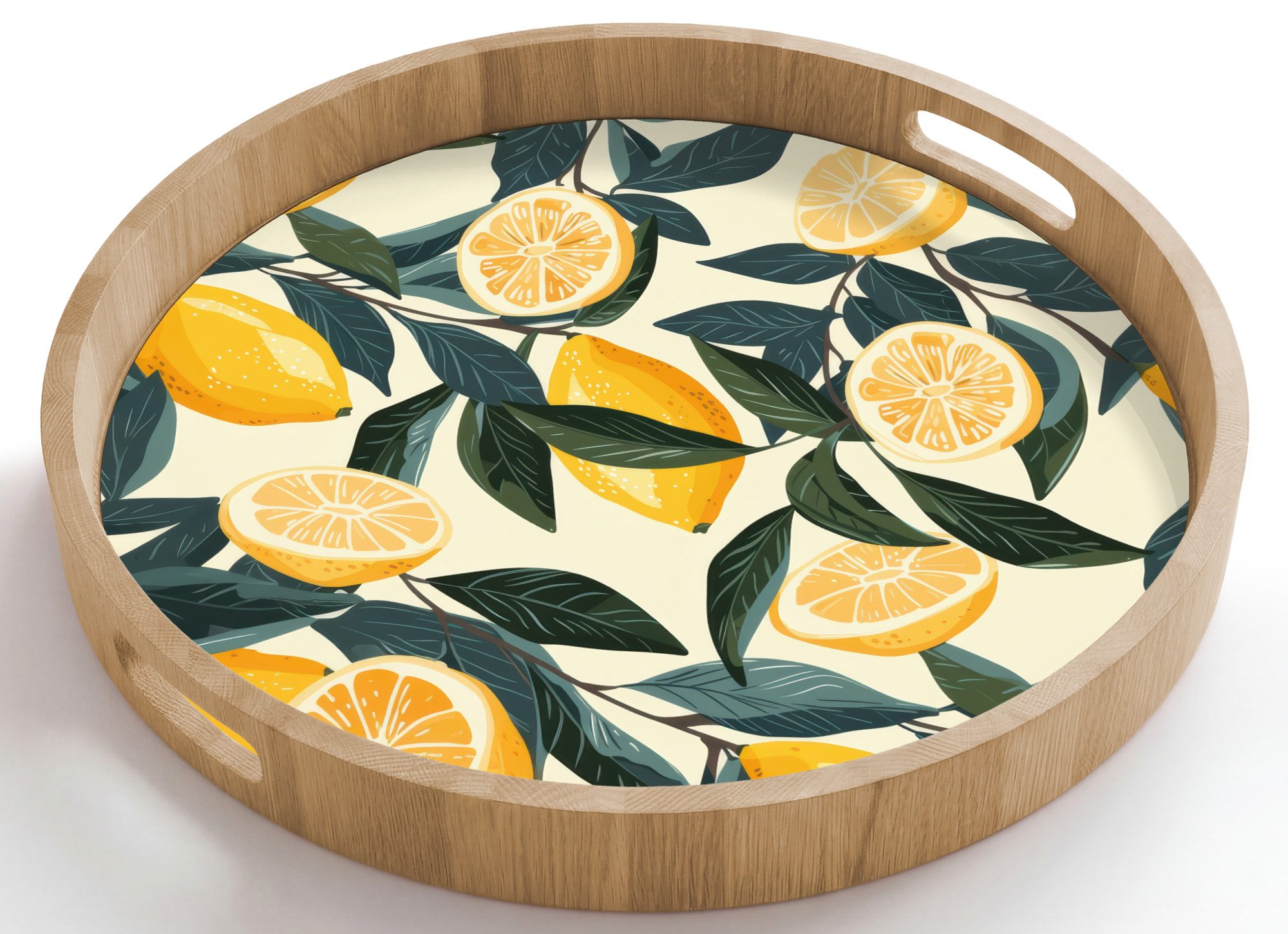 OnlyWow Tablett Rund mit Henkel Zitronen - Früchte - Blätter - Gelb - Grün - Beige, Eichenholz, (1-tlg), Servierbrett Groß, Tischdeko, Platte, Tisch Deko