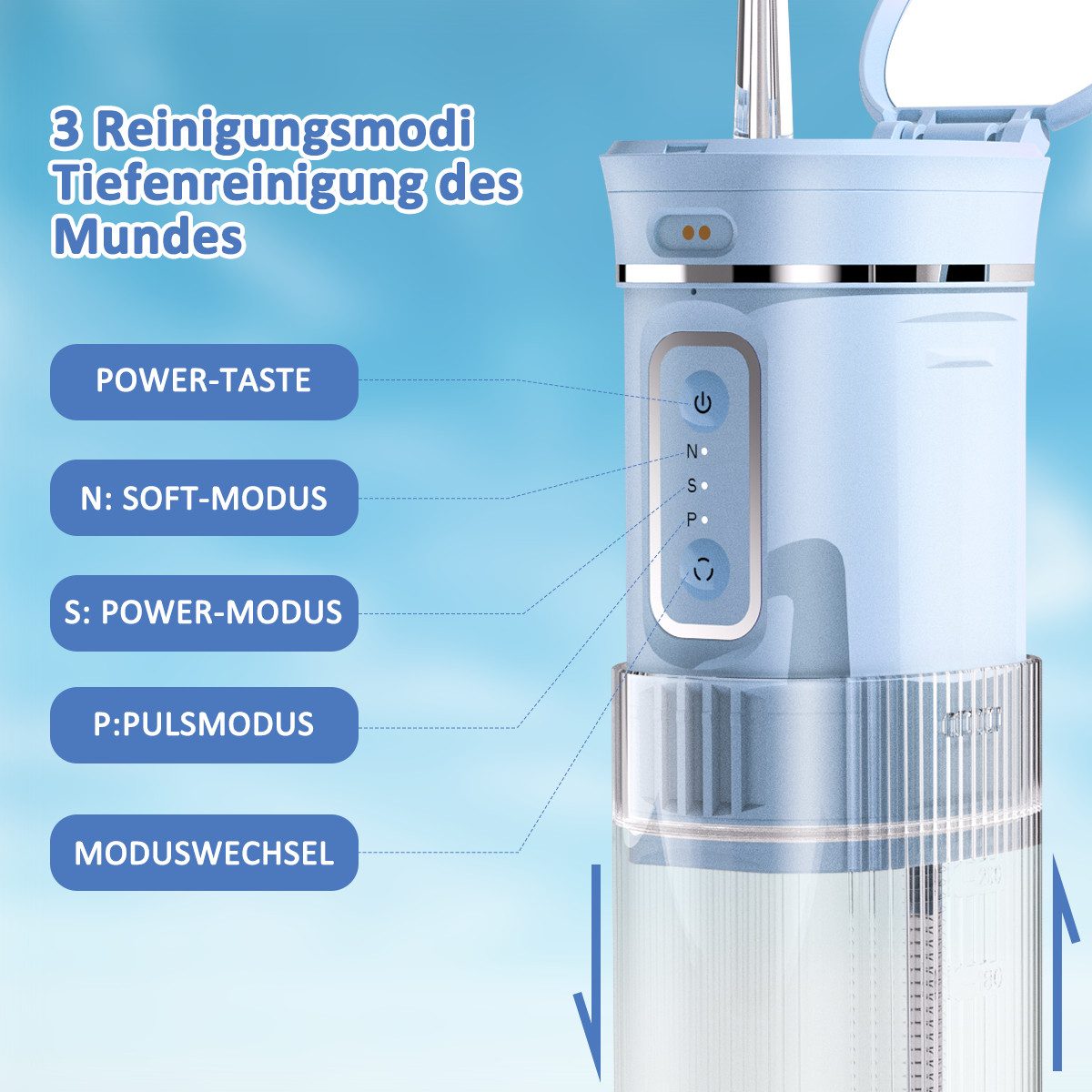 CkeyiN Munddusche Zahnzwischenraum-Reiniger 200ml-faltbarem Wassertank 3 Modi, Aufsätze: 4 St., Blaulicht-Zahnaufhellung Funktion 1200mAh Munddusche