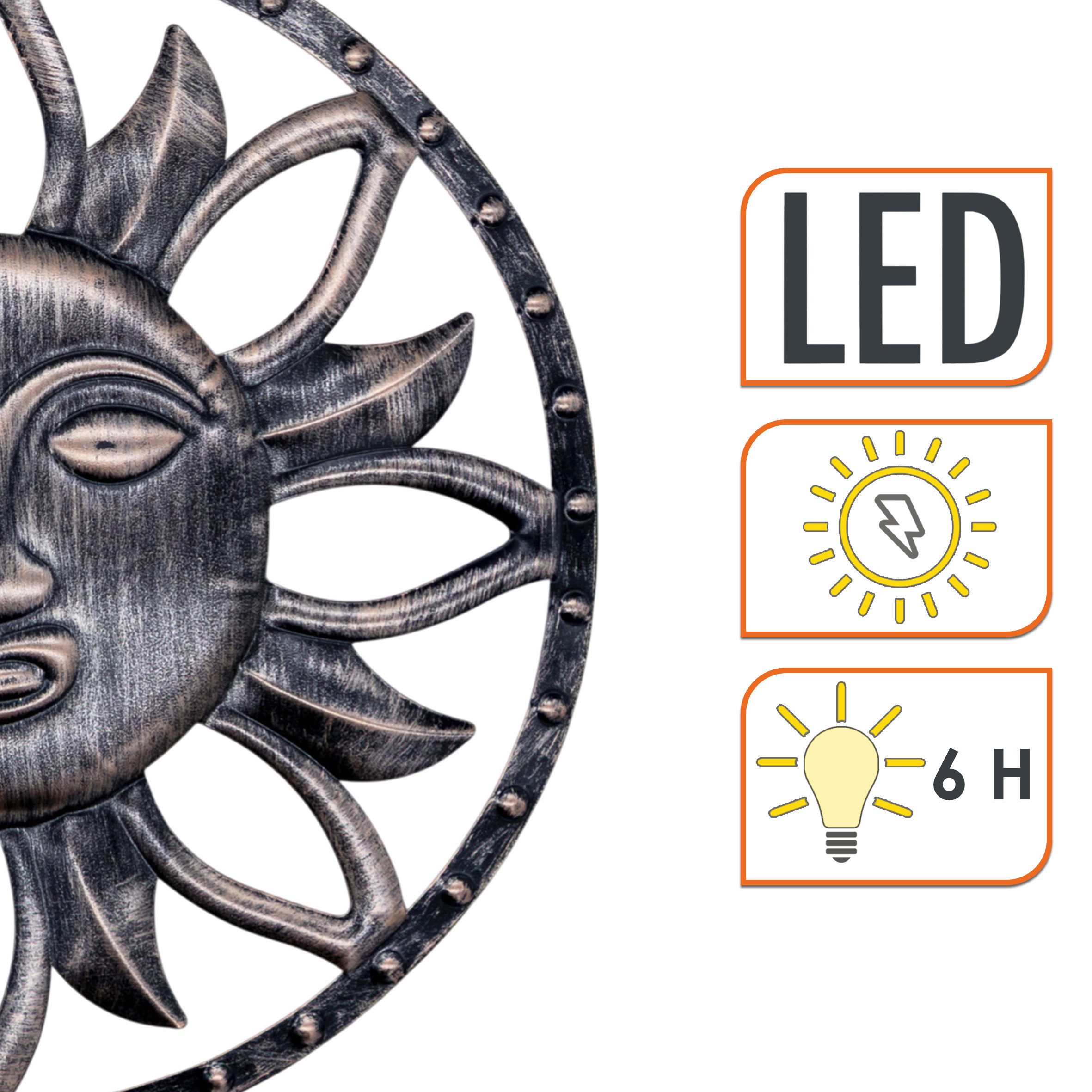 Spetebo Wandbild Solar Wandbild Sonne in bronze mit 25 LED - 37 cm, Sonne (Anzahl, 1 St), Mit Einschaltautomatik bei Dämmerung