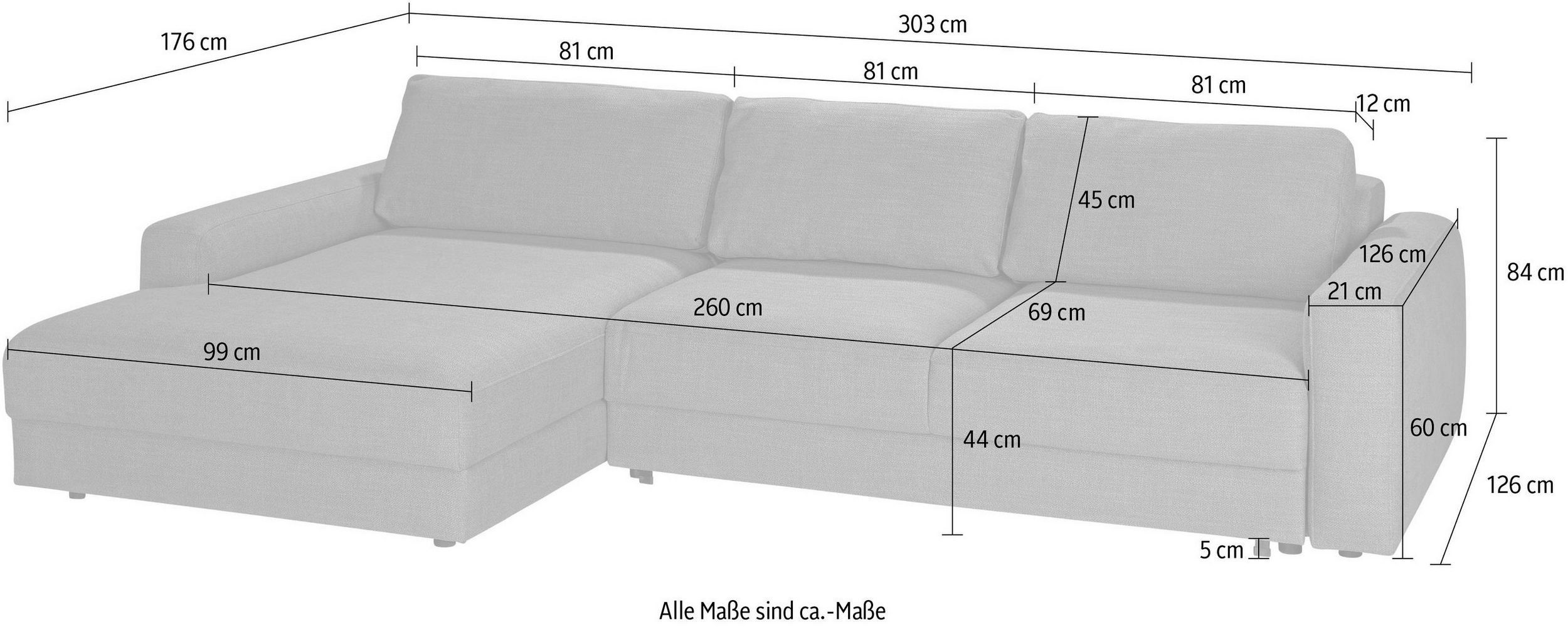 cm Bourbon, TRENDMANUFAKTUR Sitzfläche Ecksofa 69 Extratiefe picante