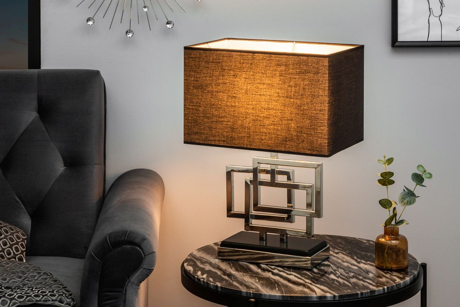 Schwarz Stoffschirm Nachttisch Silber Licht-Erlebnisse Wohnzimmer Modern E27 Nachttischlampe ohne cm Leuchtmittel, 56 TEVELL,