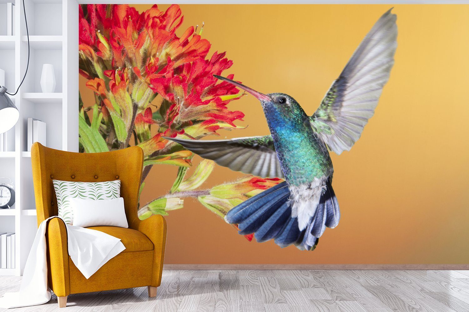 MuchoWow Fototapete Vogel - Kolibri bedruckt, (6 Wohnzimmer, Schlafzimmer, Blumen, Tapete Kinderzimmer, Matt, für St), - Wallpaper Vinyl