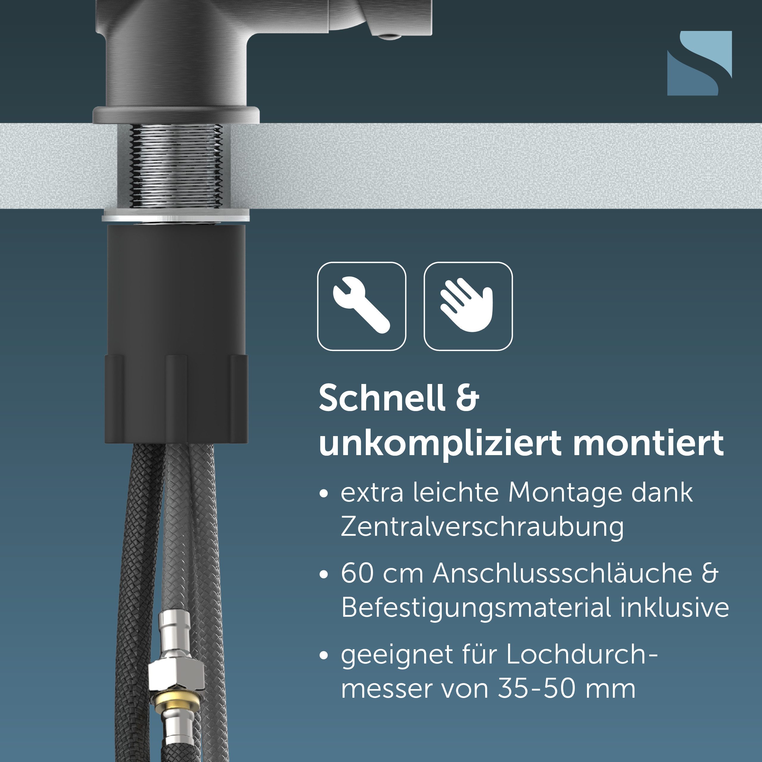 Schütte Spültischarmatur LONDON Hochdruckarmatur mit Cold-Start-Funkt., 360° schwenkbar, herausziehbar