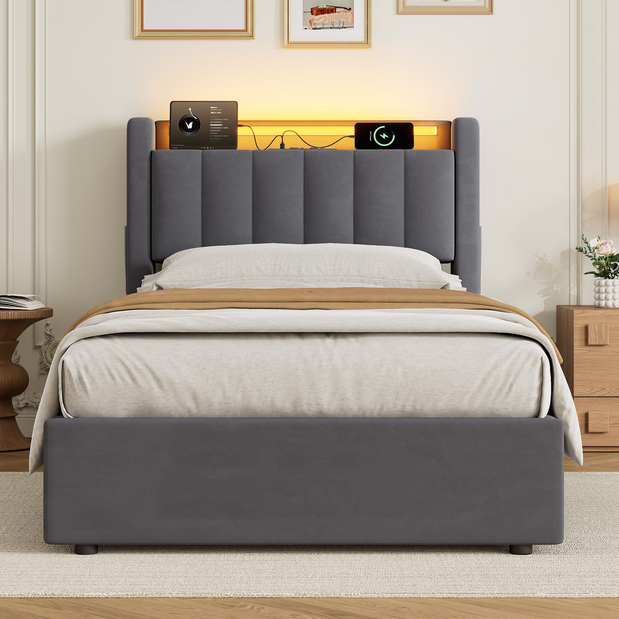 REDOM Polsterbett Hydraulisches Bett mit LED-Beleuchtung & USB-Ladestation (Funktionsbett, 1-tlg., 90x200 cm, inkl. Stauraum, Kopfteilregal & Samtbezug), Für ei – Bild 4 von 5