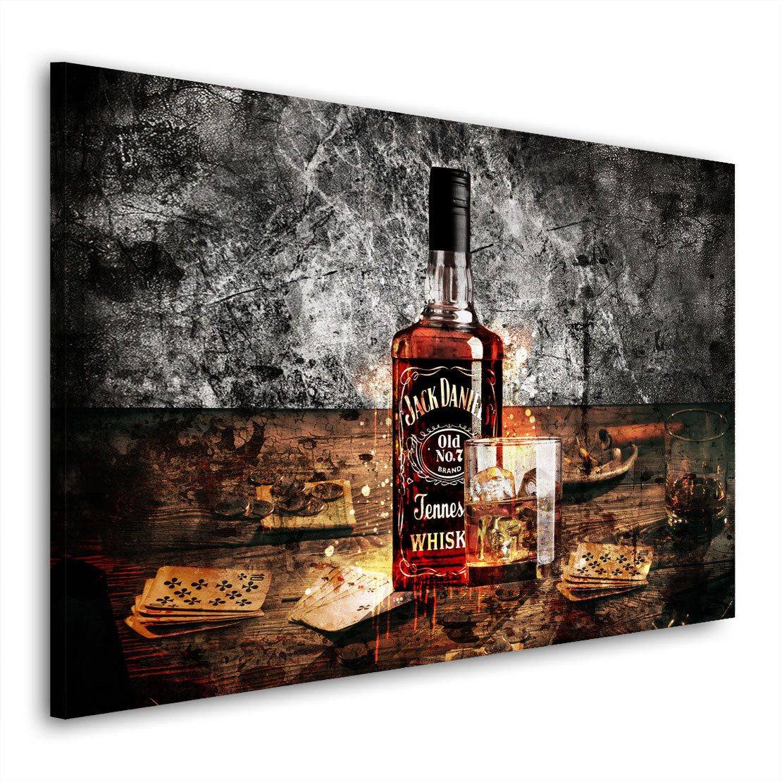 Artedinoi Leinwandbild Whiskey Flasche und Glas Wandbild Leinwandbild Jack Kunstdruck XL Wand, Whiskyflasche mit gefülltem Glas