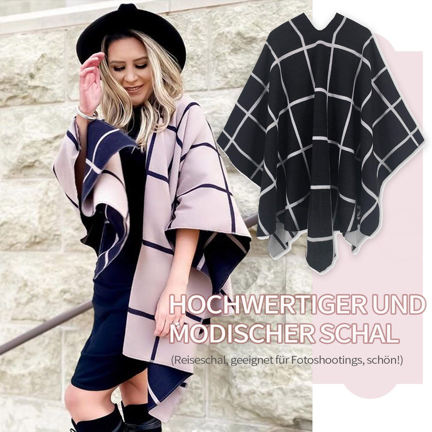 Coat MAGICSHE Weinrot Schal, Klassisches Vintage Elegant Cape XXL-Schal Farbblocking Raster,